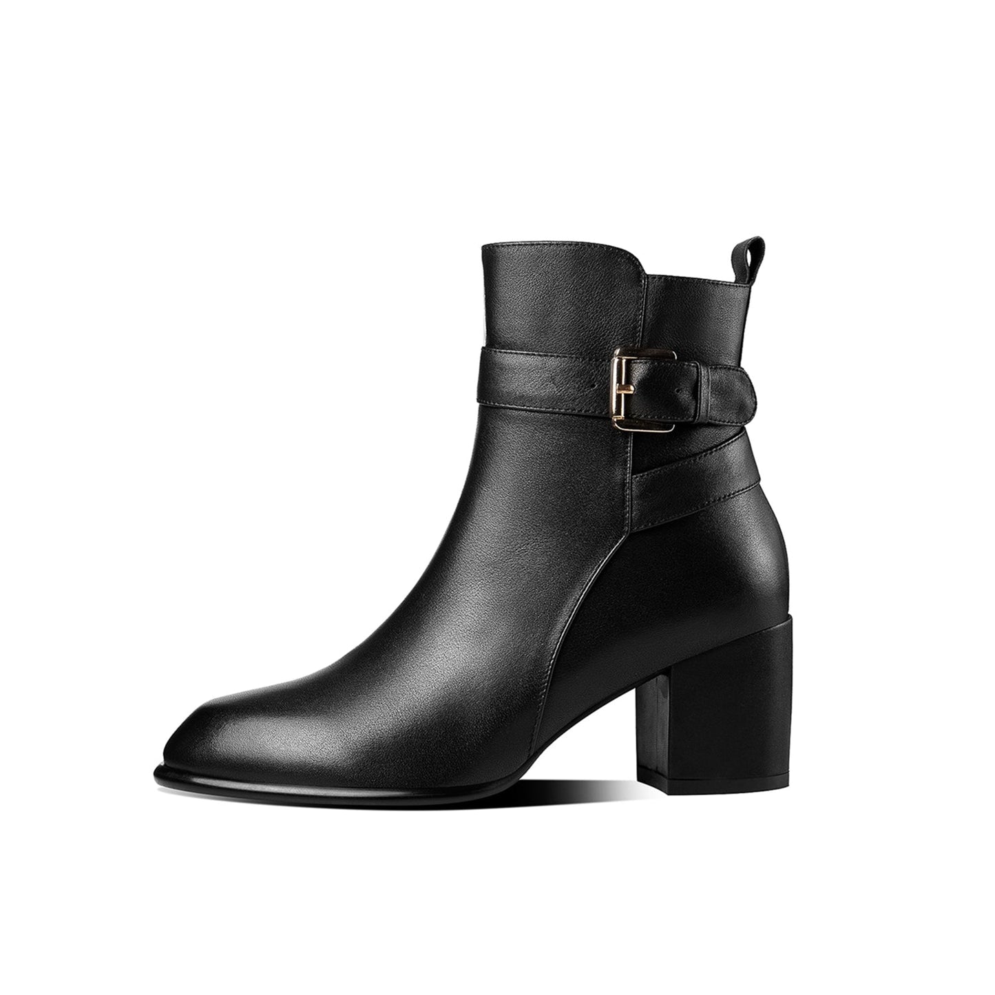 Nine Seven Women's Handmade Genuine Leather Chunky Heel Side Zip Up Round Toe Buckle Design Stylish Ankle Boots
