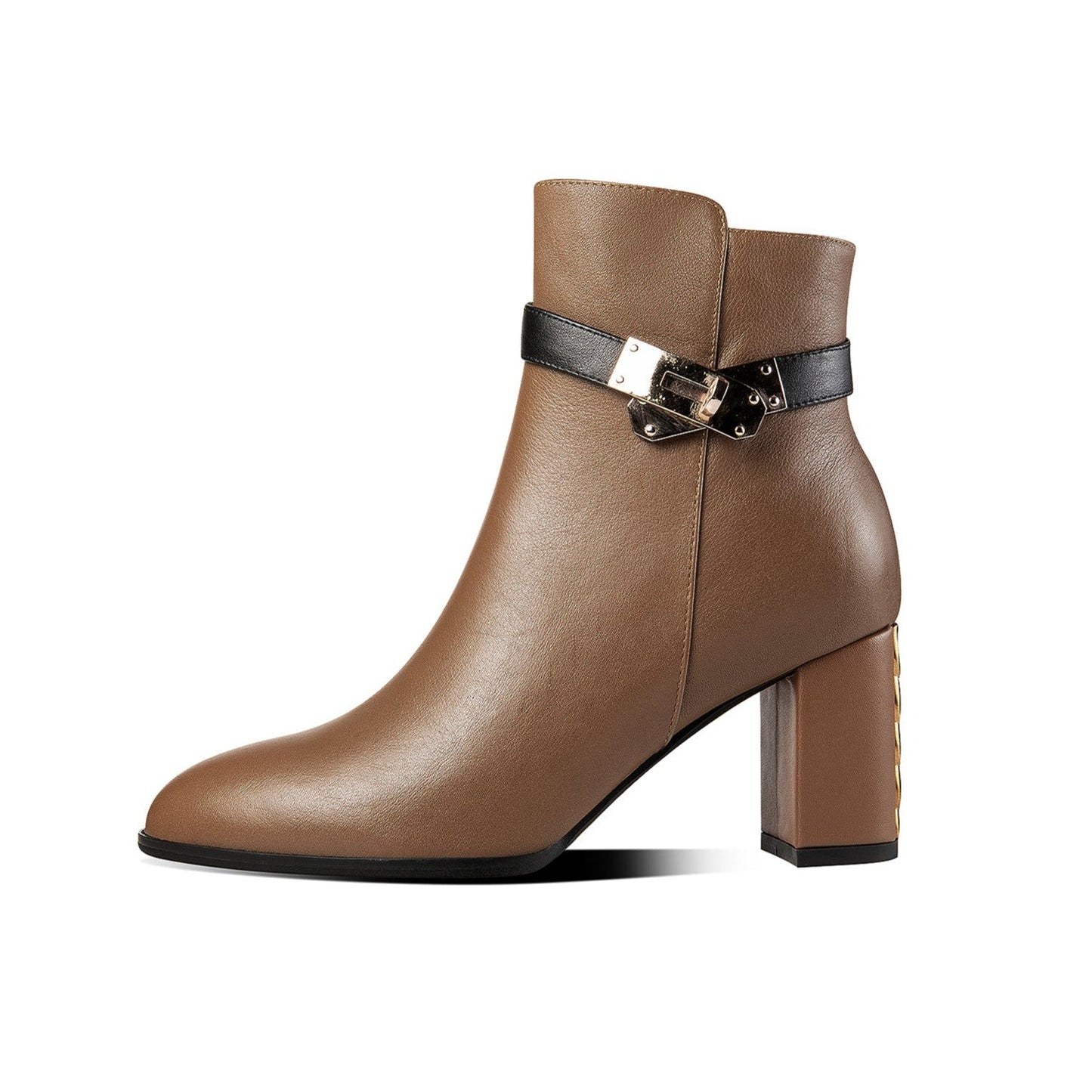 Nine Seven Women's Genuine Leather Handmade Stylish Chunky Heel Side Zip Up Belt Design Ankle Booties