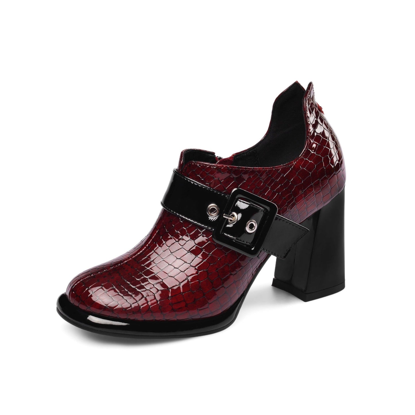 Nine Seven Women's Handmade Patent Leather Round Toe Zip Up High Chunky Heel Chic Pumps Shoes with Buckle