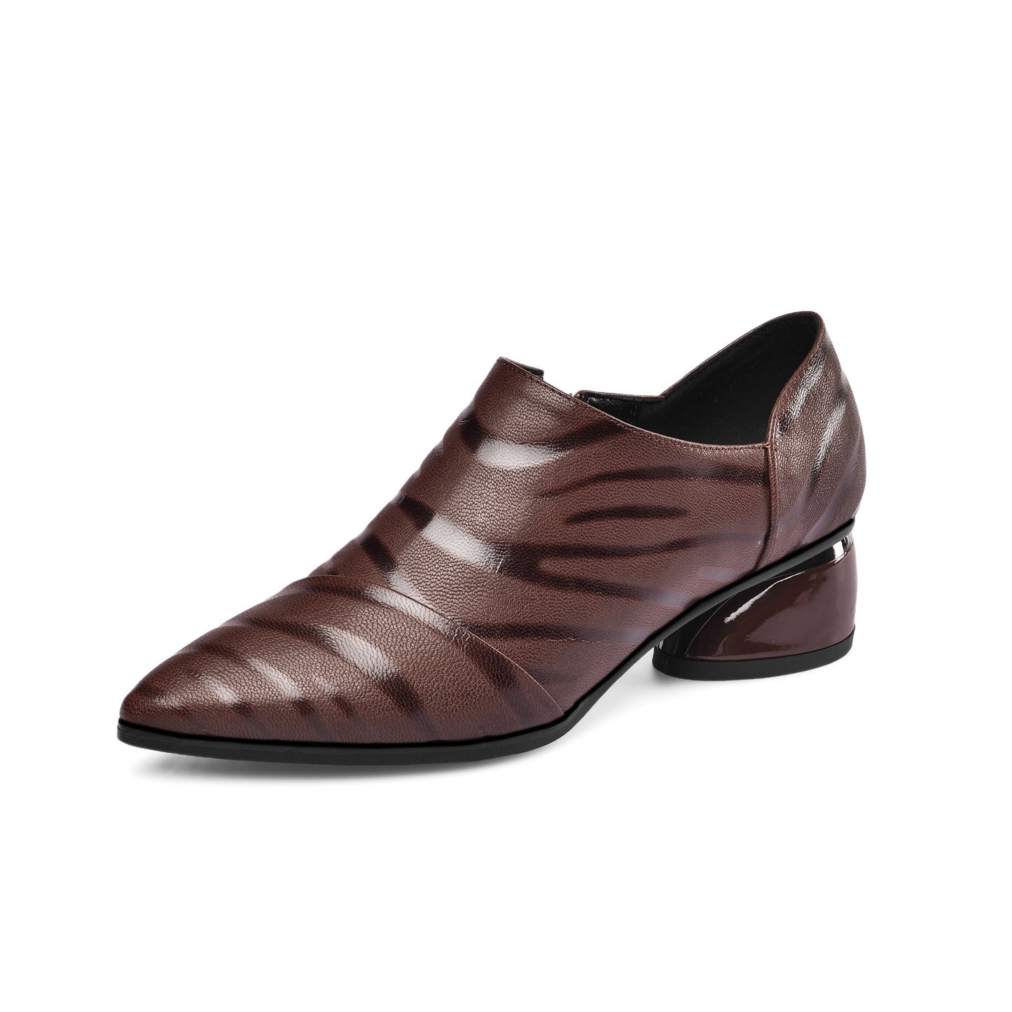 Nine Seven Women's Printed Genuine Leather Handmade Pointed Toe Side Zipper Casual Pumps Shoes with Low Heels
