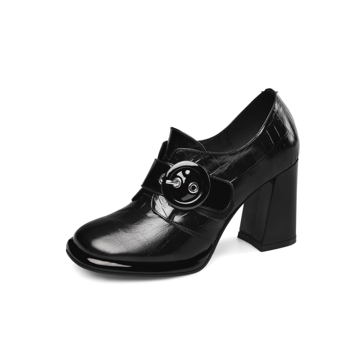 Nine Seven Women's Handmade Genuine Leather Round Toe Buckled Trendy Platform High Chunky Heel Slip On Pumps