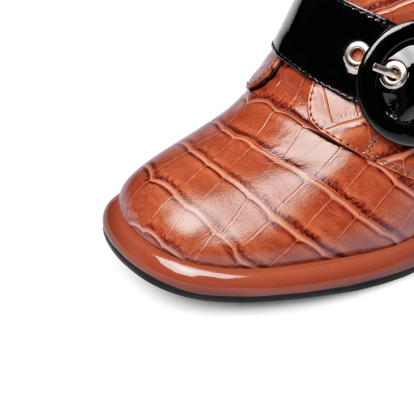 Nine Seven Women's Handmade Genuine Leather Round Toe Buckled Trendy Platform High Chunky Heel Slip On Pumps