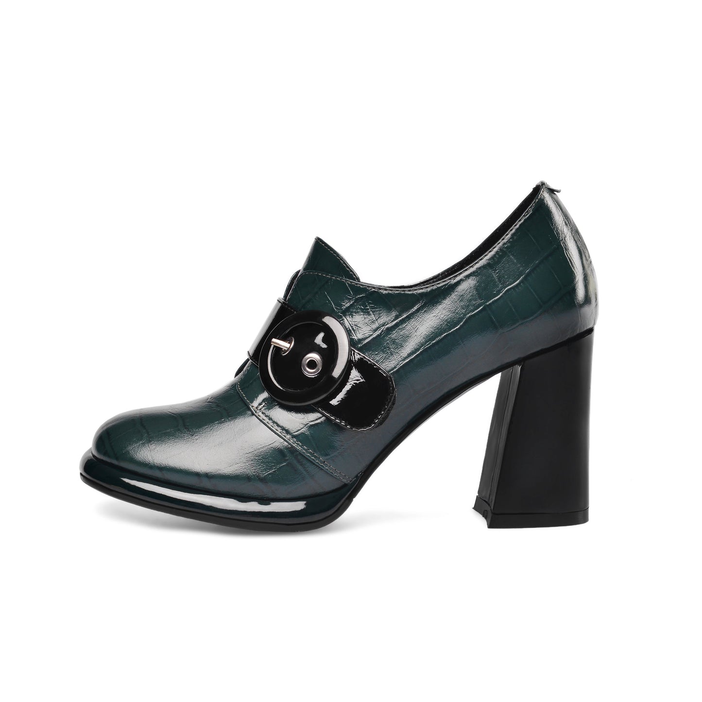 Nine Seven Women's Handmade Genuine Leather Round Toe Buckled Trendy Platform High Chunky Heel Slip On Pumps