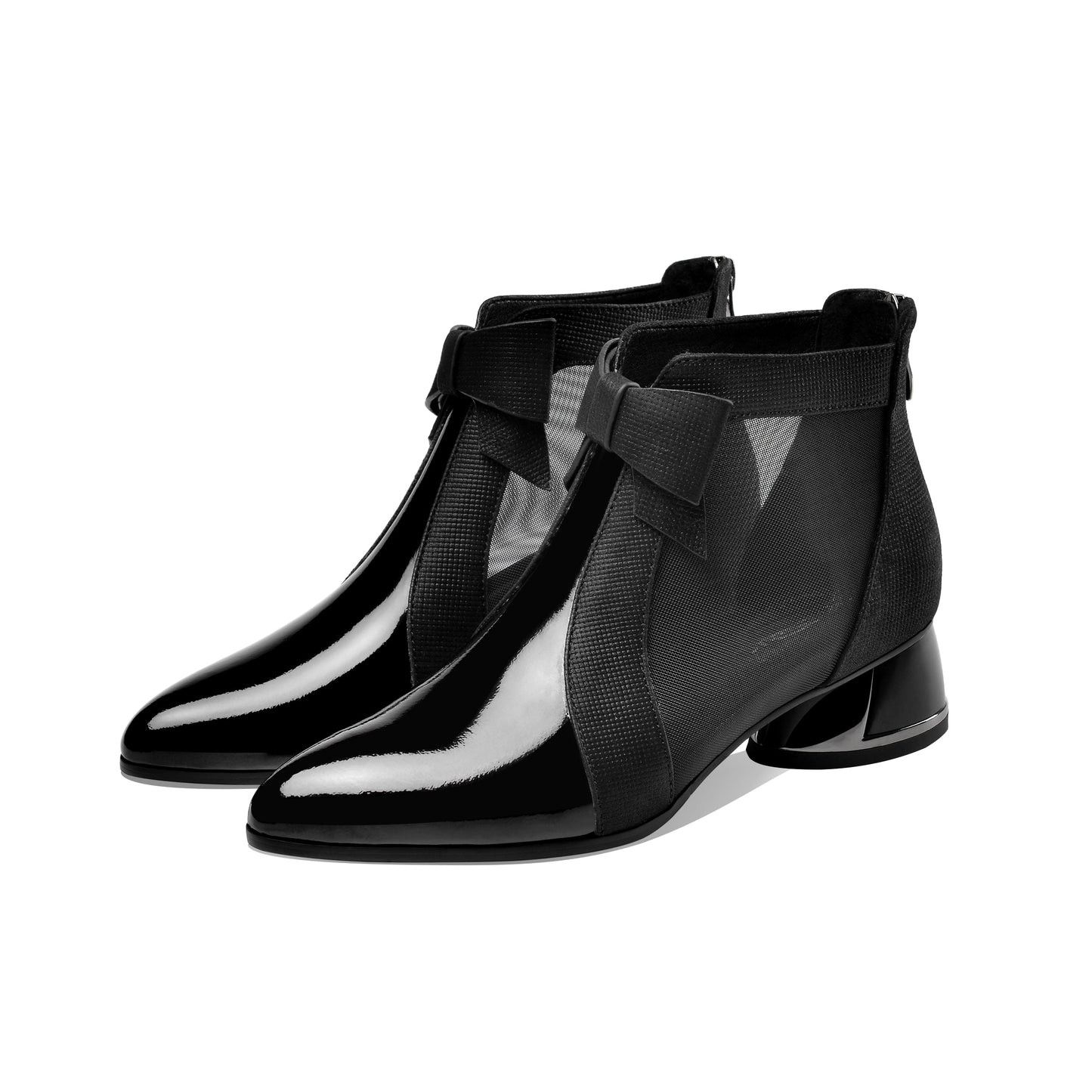 Nine Seven Women's Patent Leather Pointed Toe Cute Bowknot Handmade Low Chunky Heel Stylish Ankle Boots with Back Zipper