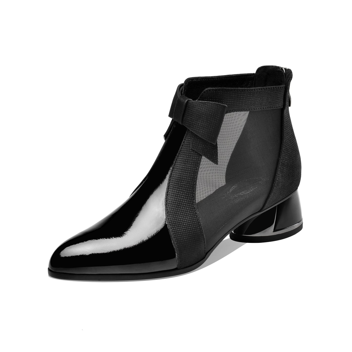 Nine Seven Women's Patent Leather Pointed Toe Cute Bowknot Handmade Low Chunky Heel Stylish Ankle Boots with Back Zipper