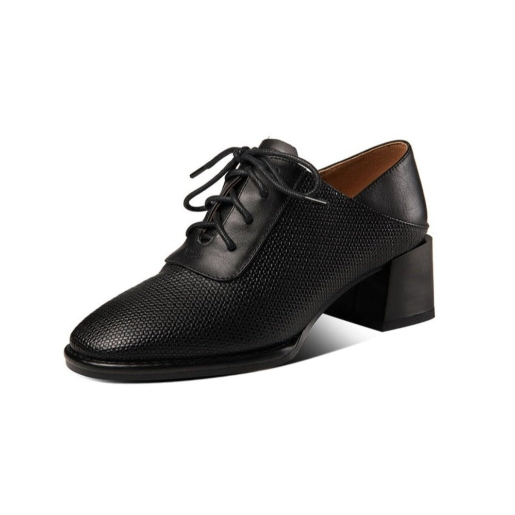 Nine Seven Genuine Leather Women's Handmade Round Toe Chunky Heel Lace Up Oxford Pumps