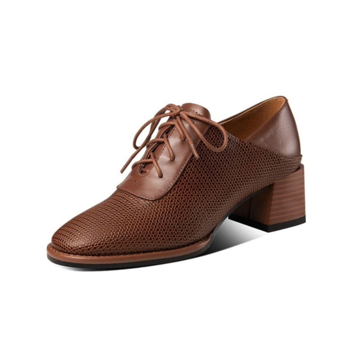 Nine Seven Genuine Leather Women's Handmade Round Toe Chunky Heel Lace Up Oxford Pumps
