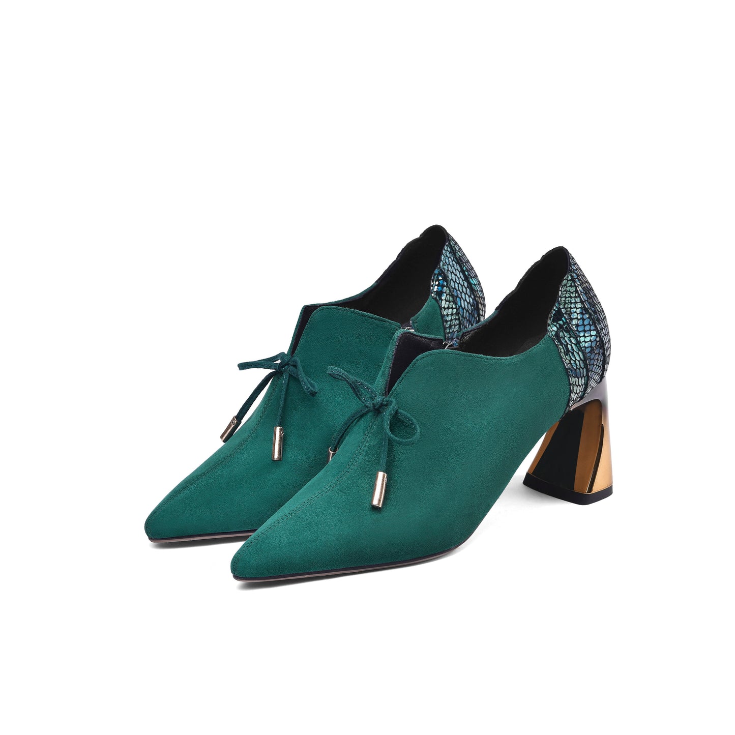 Nine Seven Women's Suede Leather Pointed Toe Handmade Side Zip High Chunky Heel Pumps with Cute Bow