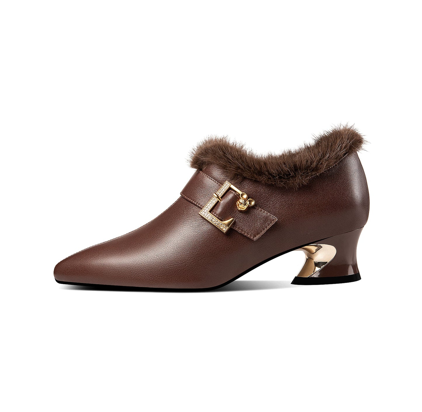 Nine Seven Women's Genuine Leather Handmade Spool Heel Side Zip Up Pointed Toe Chic Buckle Oxford Pumps with Fur Decor