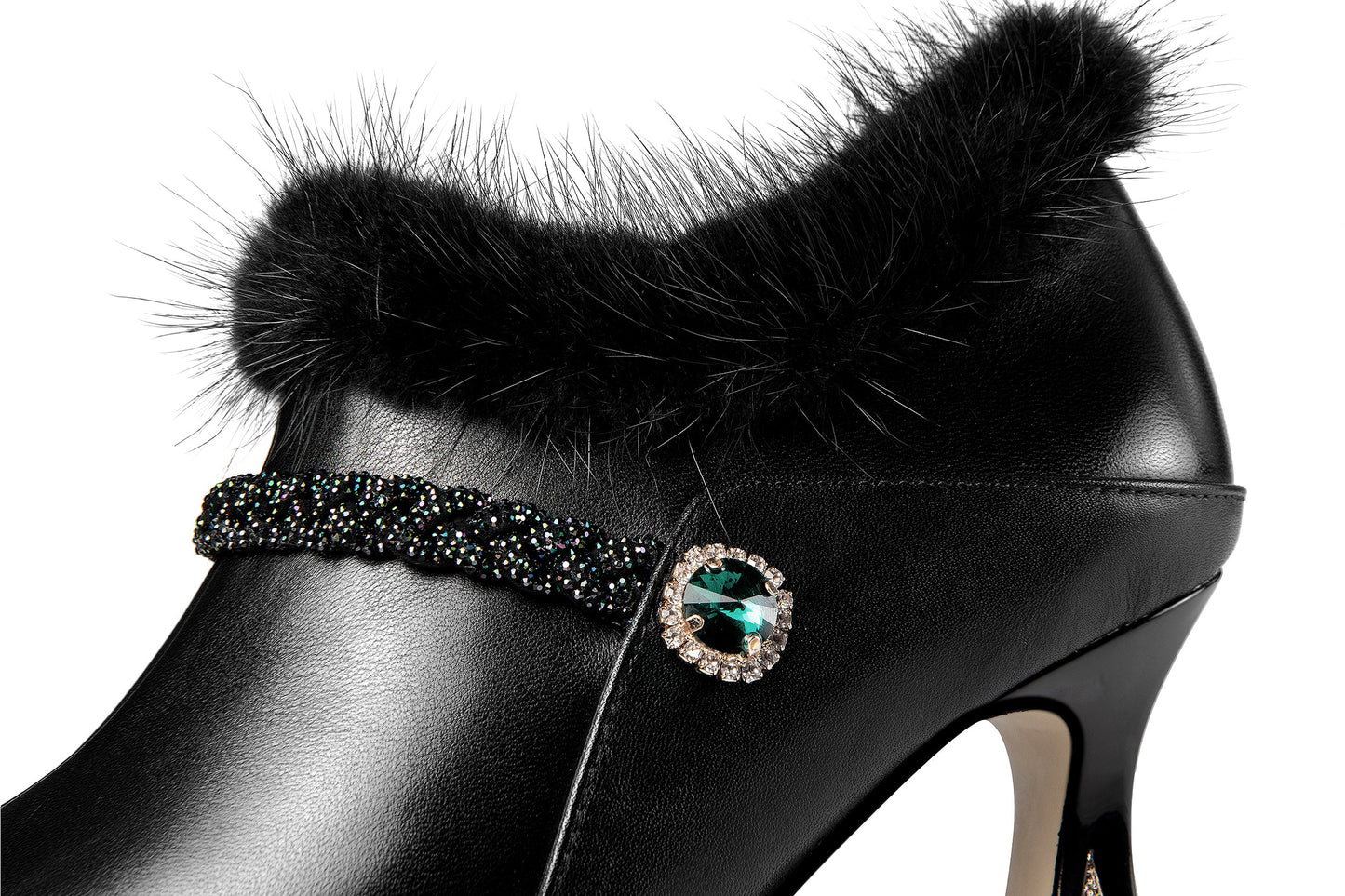 Nine Seven Women's Handmade Genuine Leather and Fur Side Zip Up High Heel Pointed Toe Oxford Pumps with Green Crystal Decor