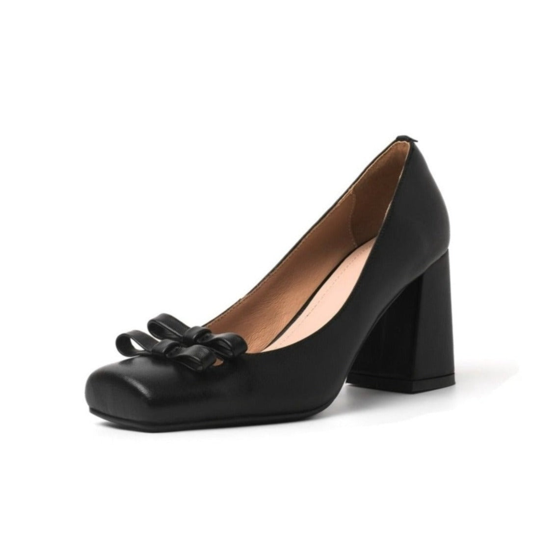 Nine Seven Handmade Women's Genuine Leather Slip On Bow Square Toe High Chunky Heel Pumps Shoes