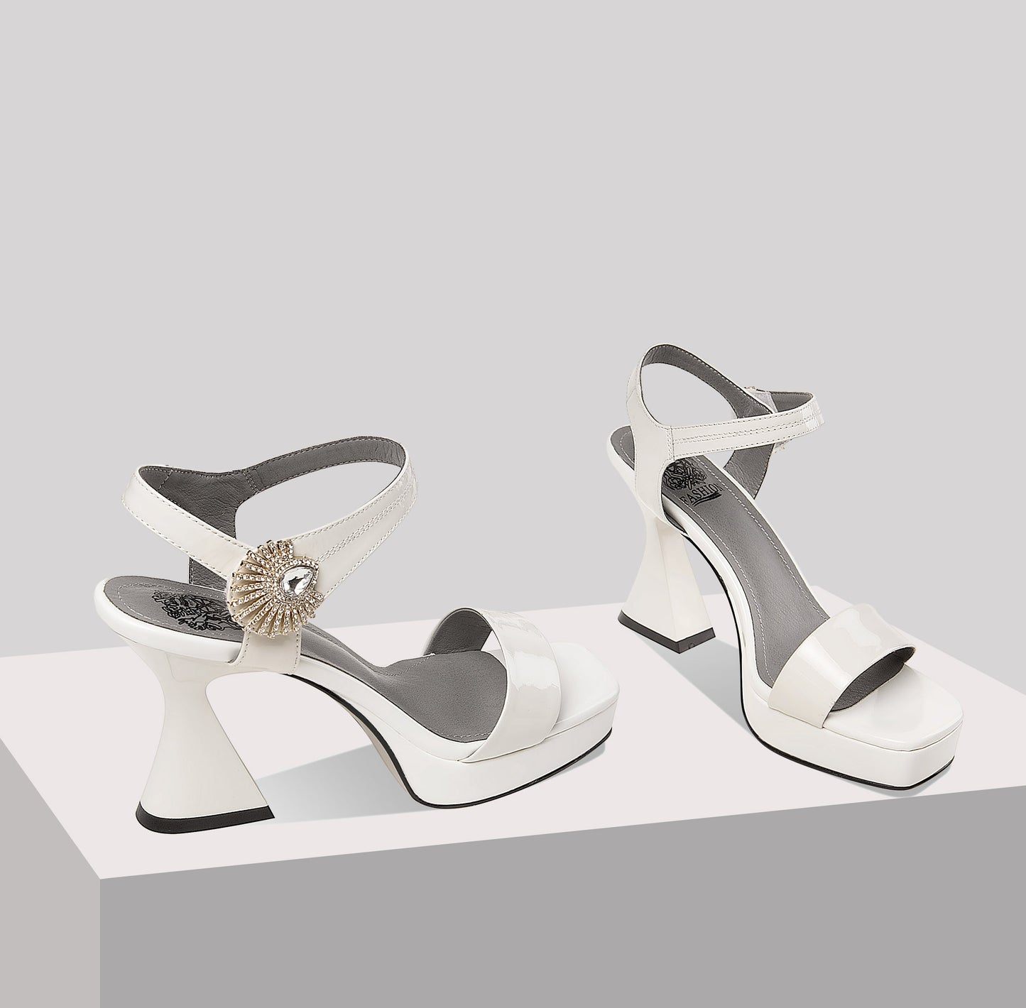Nine Seven Glossy Patent Leather Platform Women's Handmade High Heel Crystal Open Toe Slingback Sandals with Glitter Rhinestone
