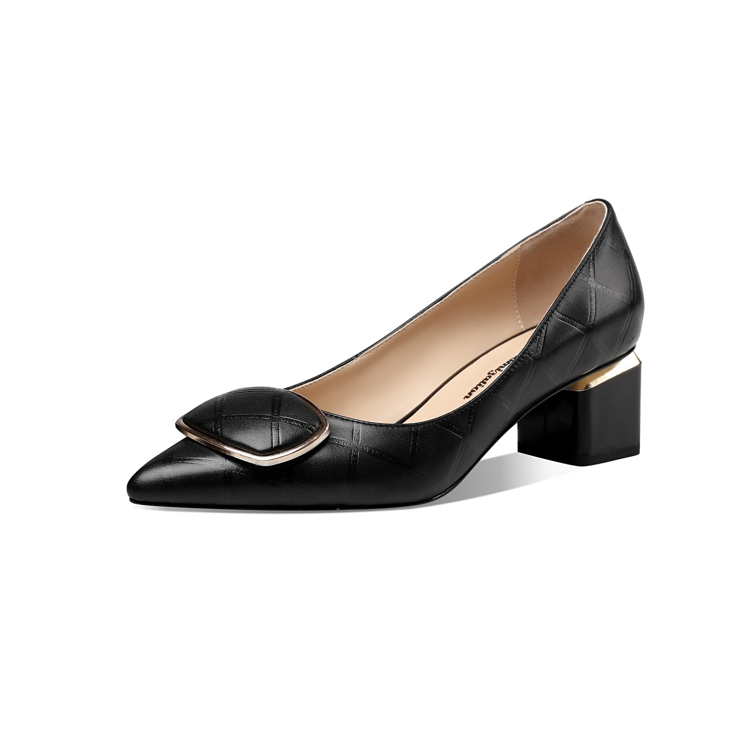 Nine Seven Genuine Leather Handmade Women's Low Block Heel Pointed Toe Graceful Pump Shoes