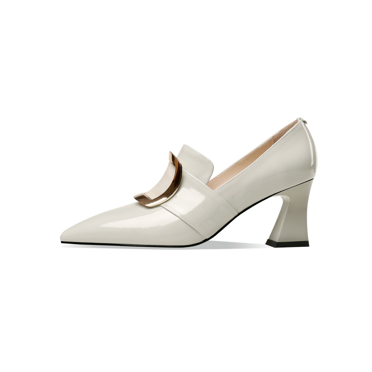 Nine Seven Glossy Patent Leather Women's Handmade Pointed Toe Spool Heel Golden Square Pattern Decor Slip On Loafer Pumps