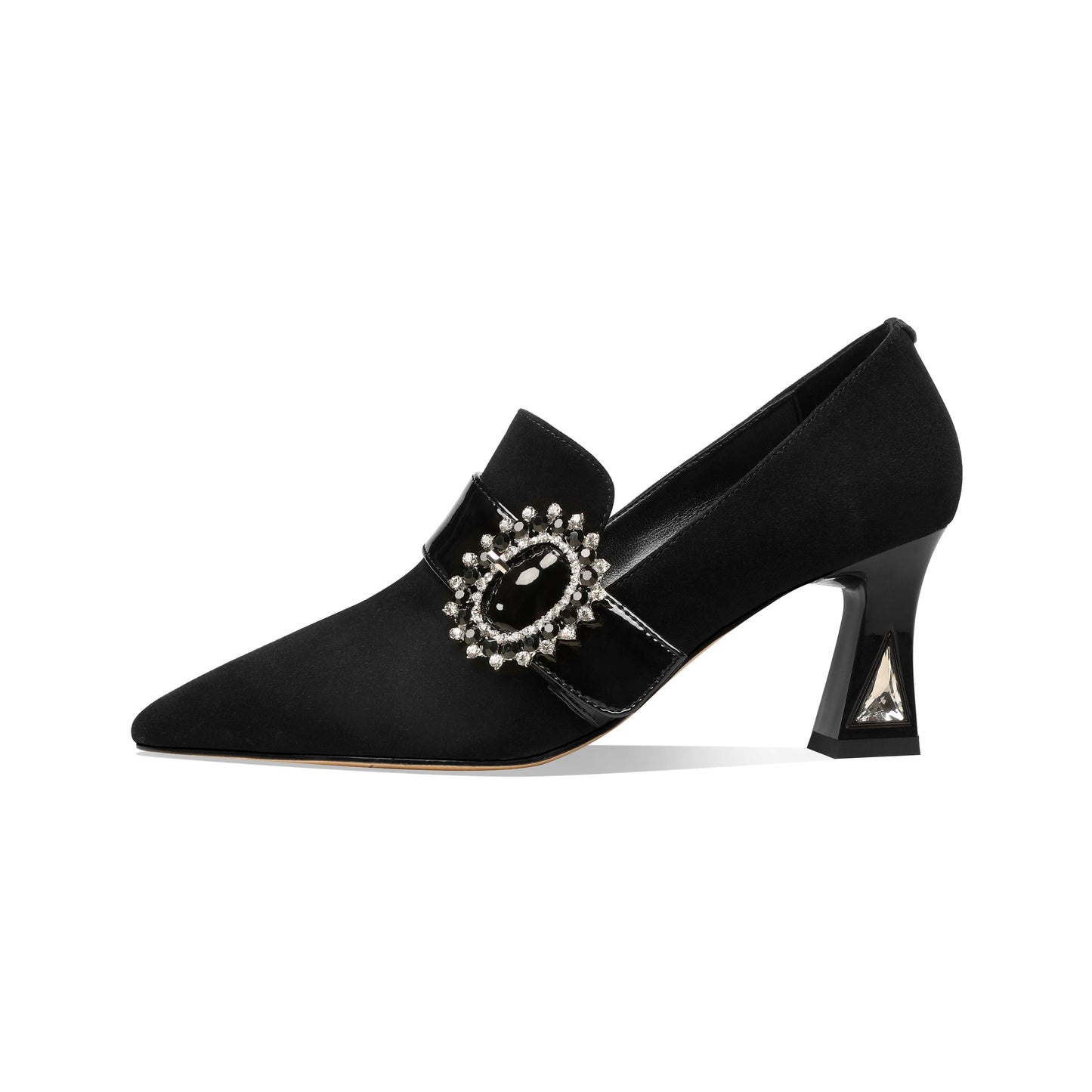 Nine Seven Women's Handmade Suede Leather Mid Chunky Heel Pointed Toe Slip On Pumps with Glossy Buckle Decor