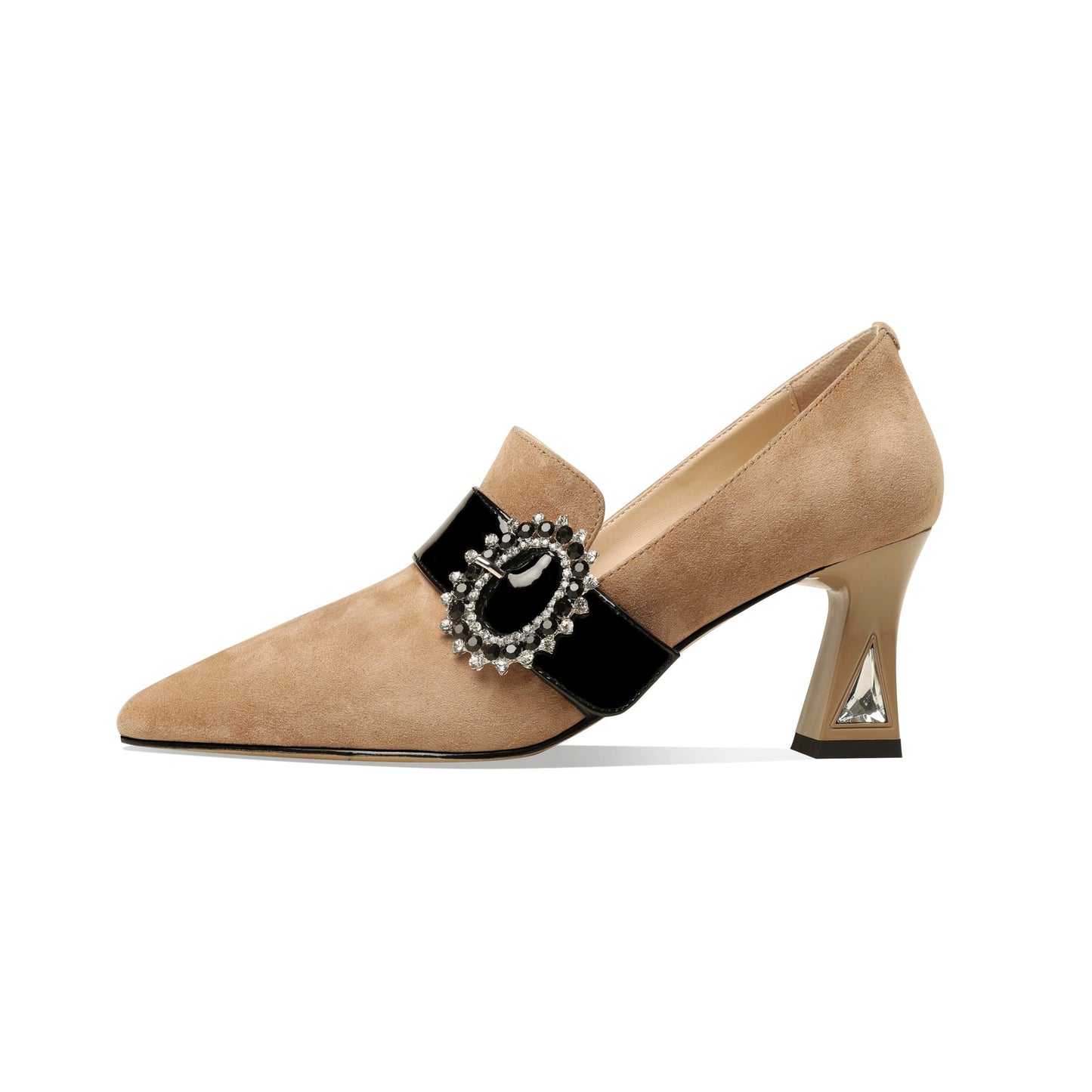 Nine Seven Women's Handmade Suede Leather Mid Chunky Heel Pointed Toe Slip On Pumps with Glossy Buckle Decor