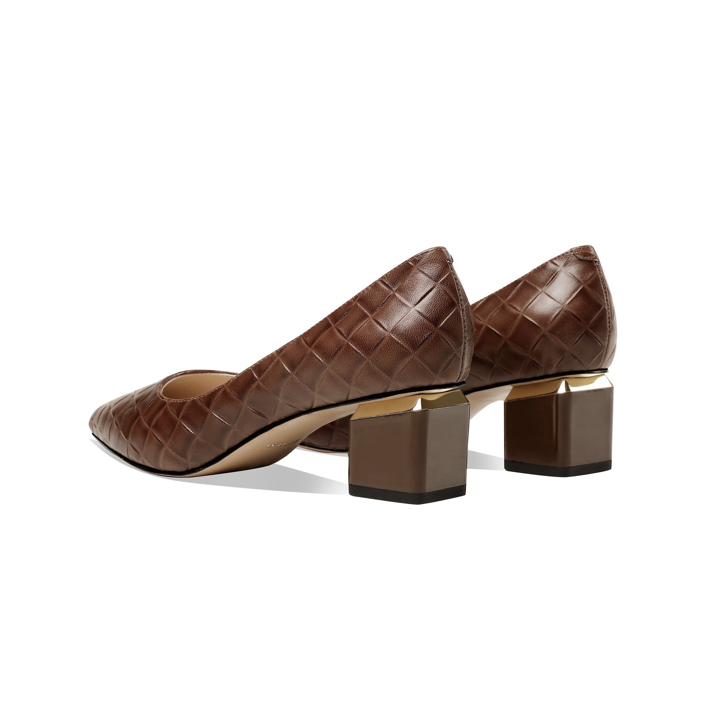 Nine Seven Glossy Genuine Leather Women's Handmade Pointed Toe Spool Heel Golden Square Pattern Decor Slip On Loafer Pumps