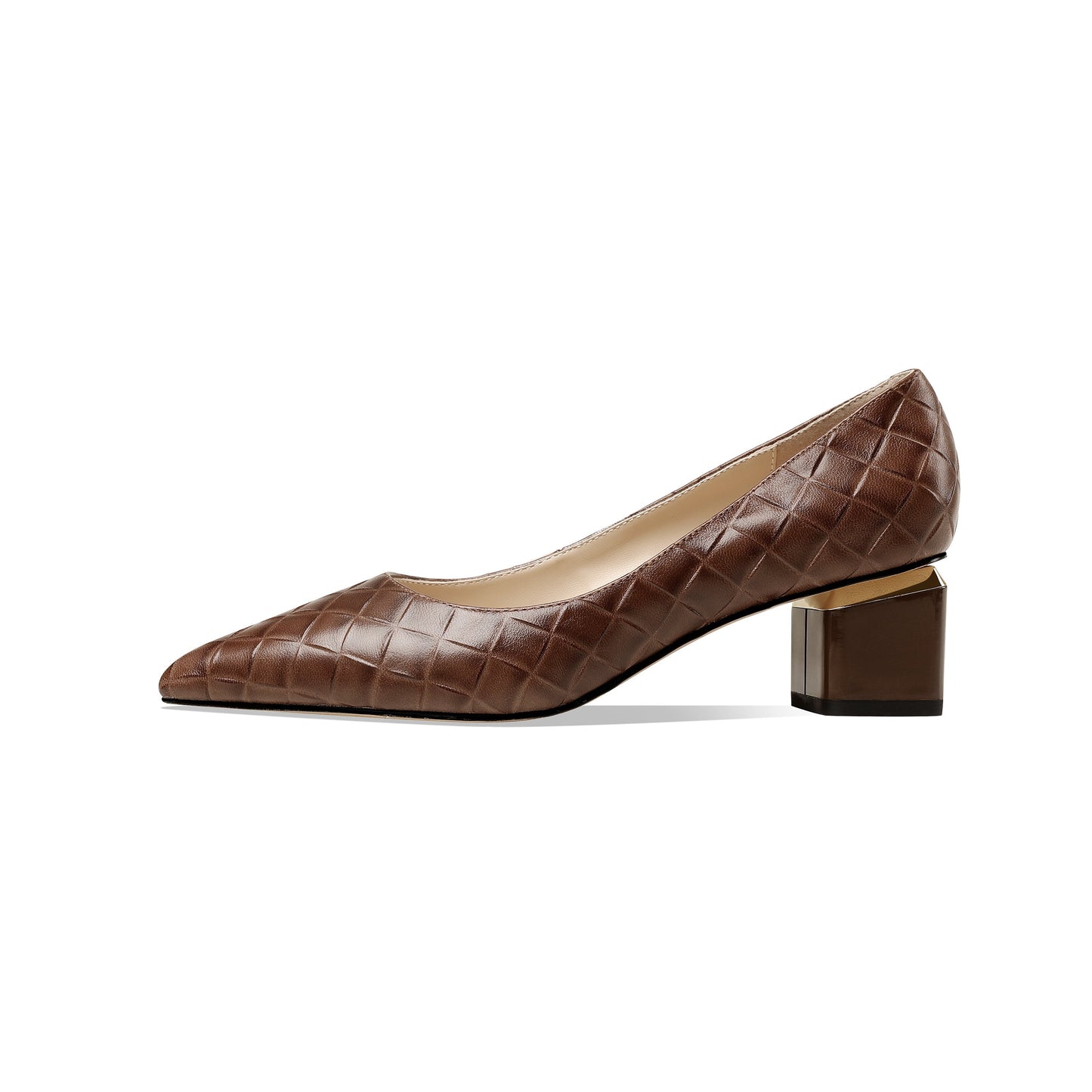 Nine Seven Glossy Genuine Leather Women's Handmade Pointed Toe Spool Heel Golden Square Pattern Decor Slip On Loafer Pumps
