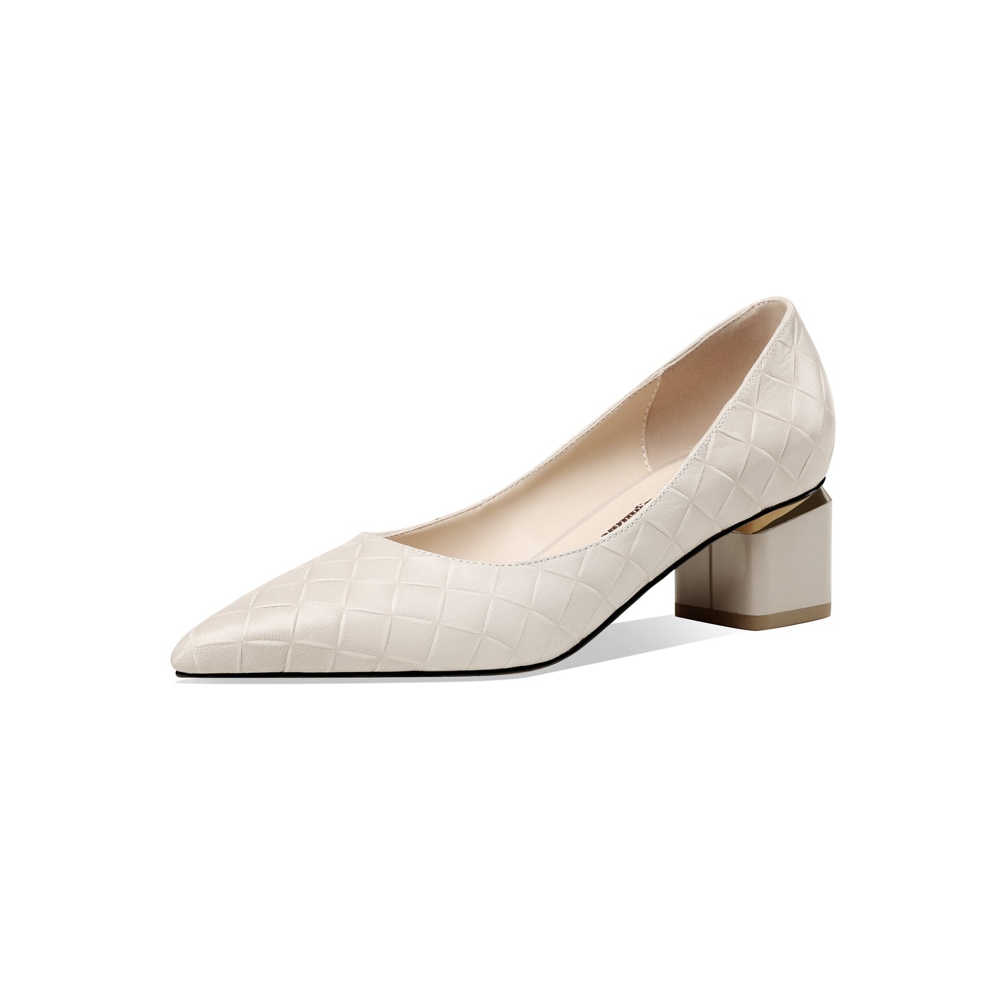Nine Seven Glossy Genuine Leather Women's Handmade Pointed Toe Spool Heel Golden Square Pattern Decor Slip On Loafer Pumps