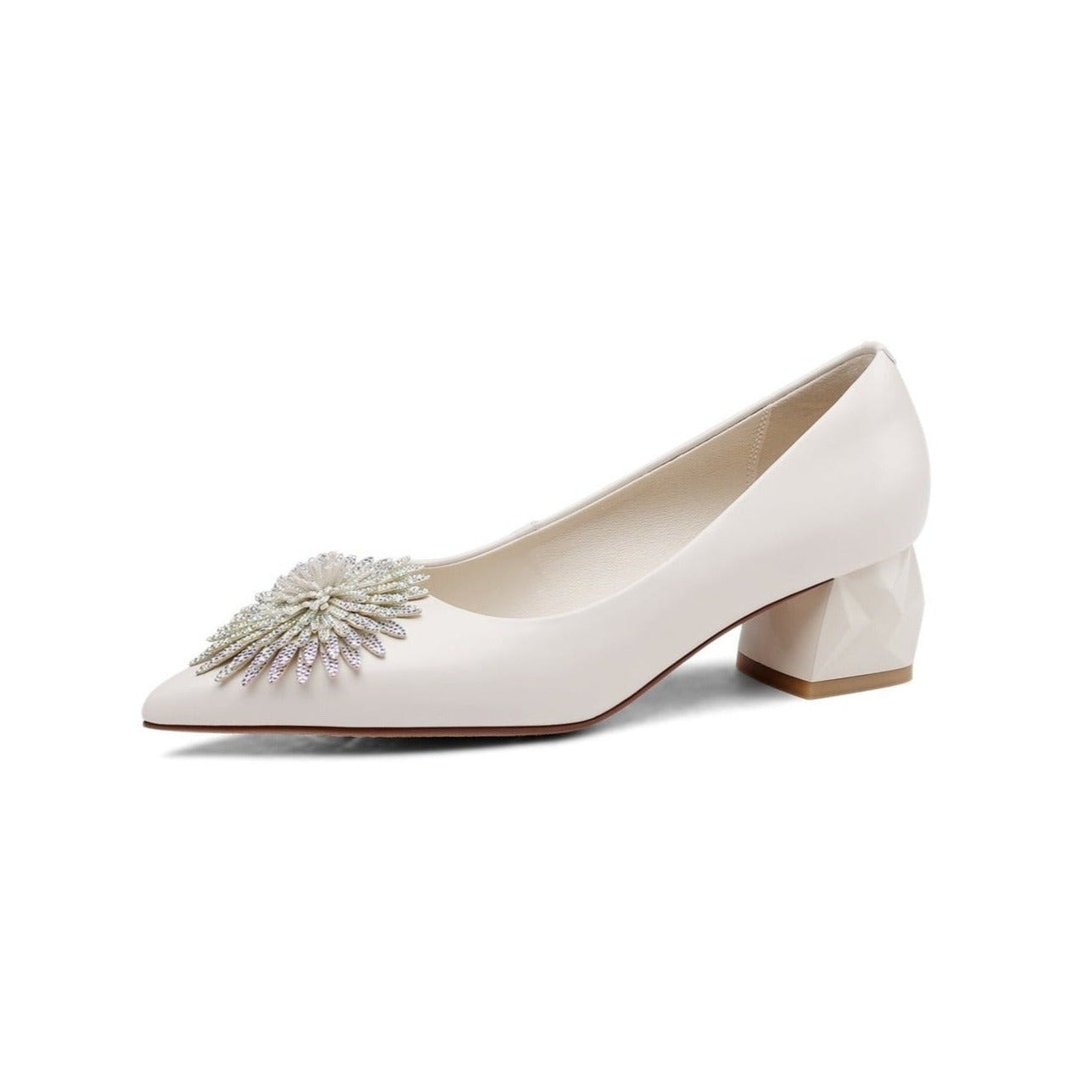 Nine Seven Women's Pointed Toe Genuine/Suede Leather Handmade Rhinestone Floral Decor Low Chunky Heel Pumps Shoes