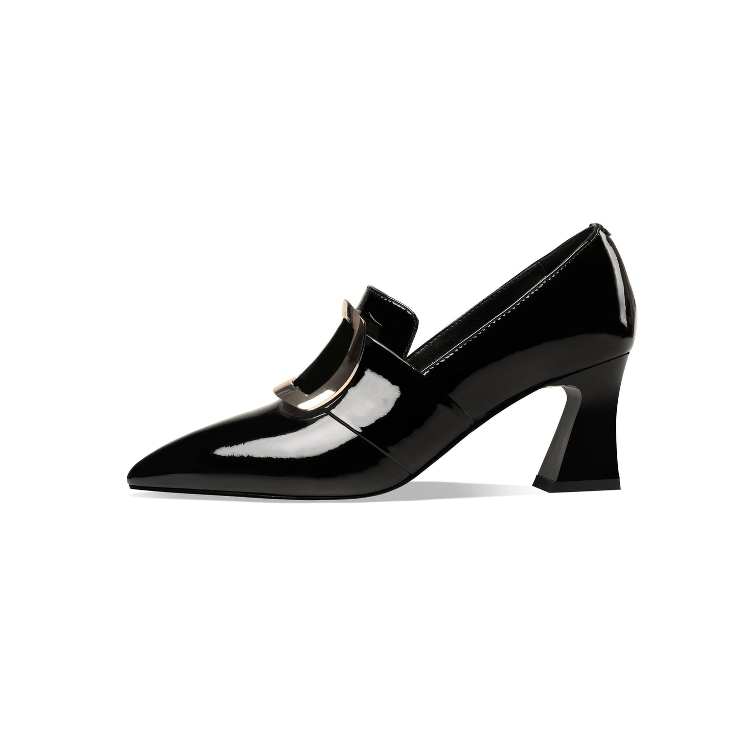 Nine Seven Glossy Patent Leather Women's Handmade Pointed Toe Spool Heel Golden Square Pattern Decor Slip On Loafer Pumps