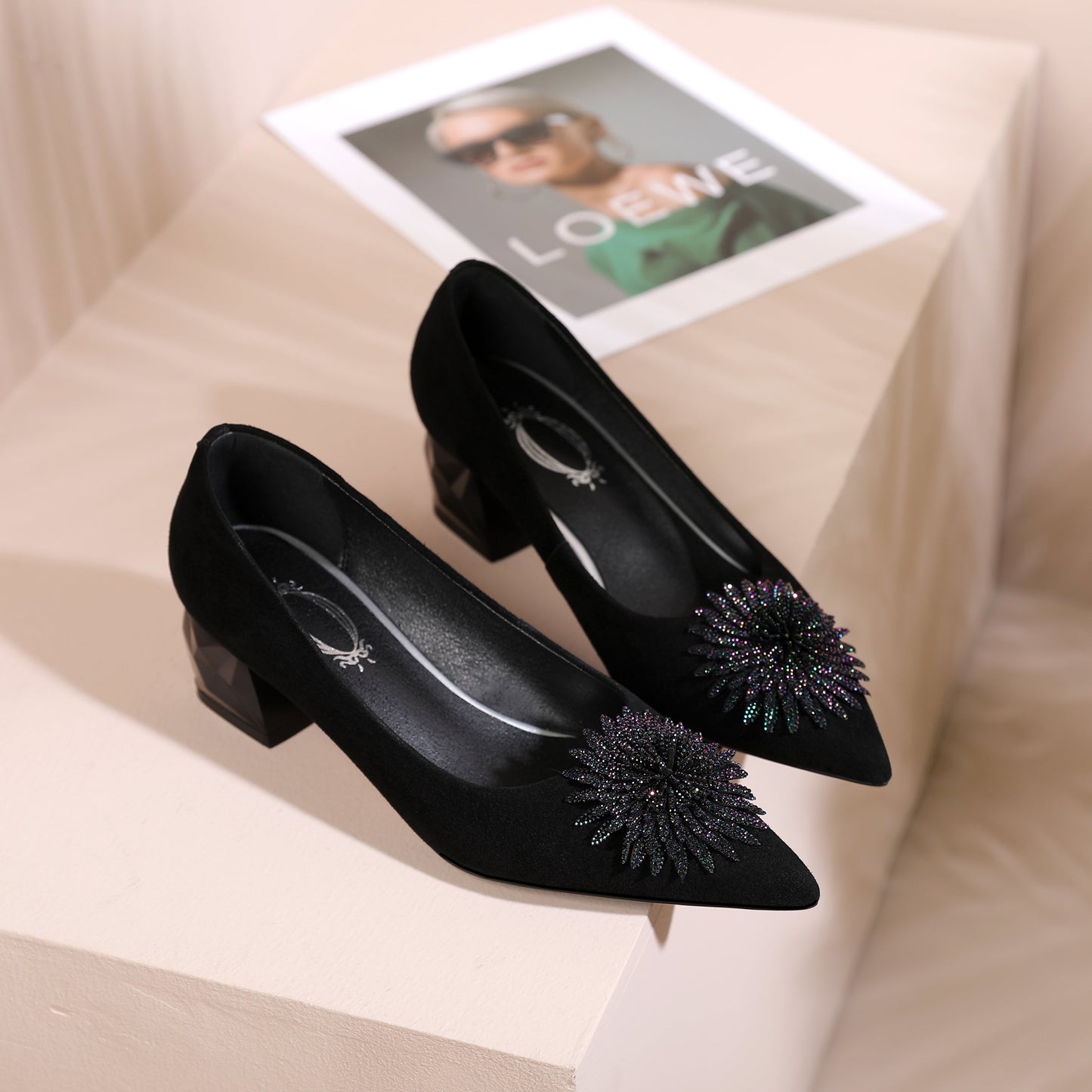Nine Seven Women's Pointed Toe Genuine/Suede Leather Handmade Rhinestone Floral Decor Low Chunky Heel Pumps Shoes