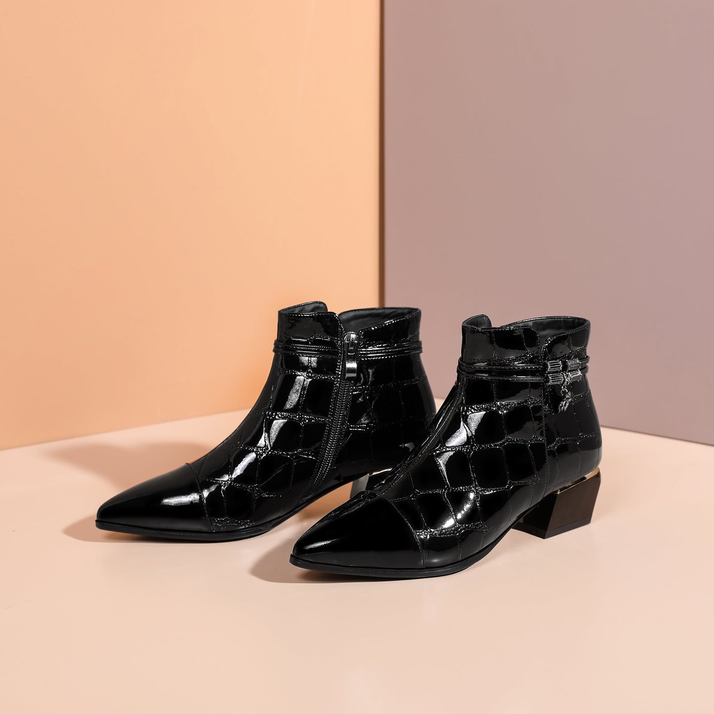 Nine Seven Women's Handmade Patent Leather Block Heel Side Zip Up Pointed Toe Stylish Belt Pendant Decor Ankle Booties