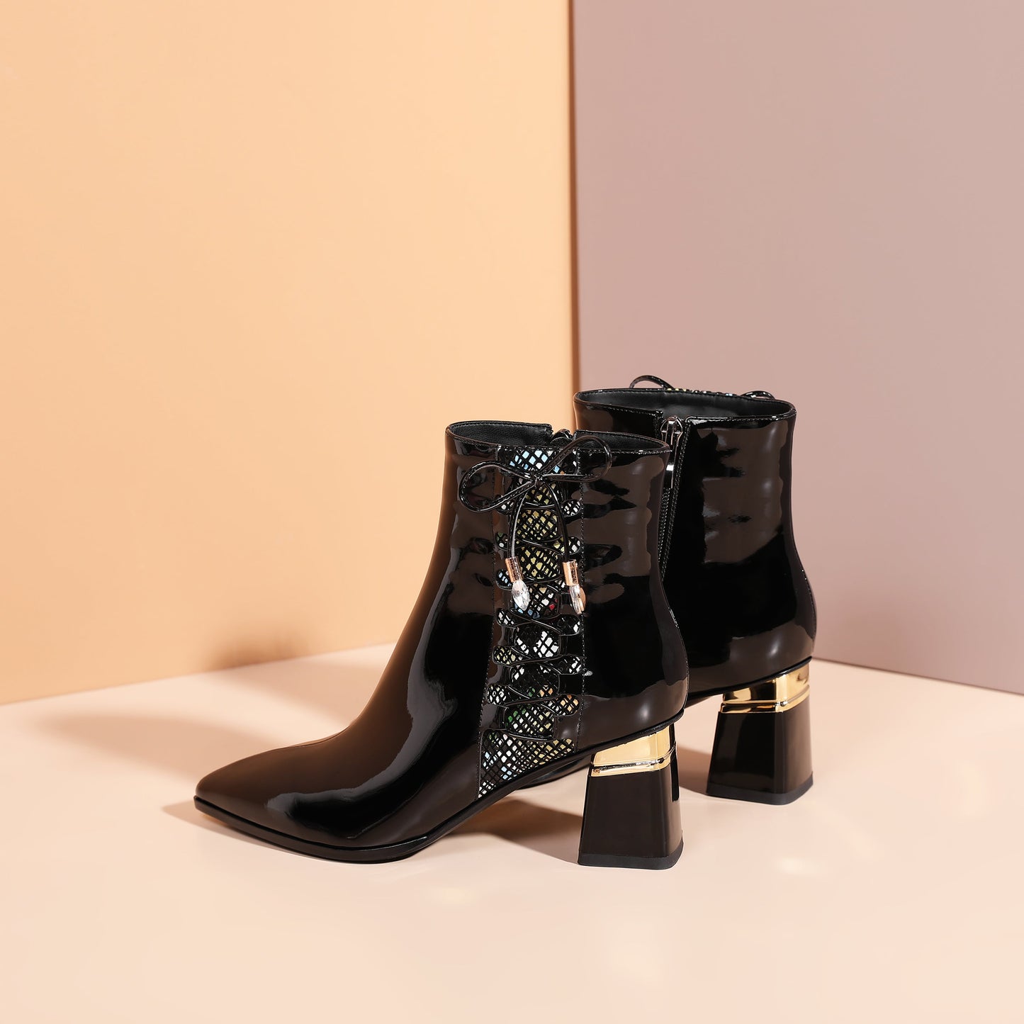 Nine Seven Women's Handmade Patent Leather Side Zip Up Cute Bowtie Chunky Heel Black Ankle Boots