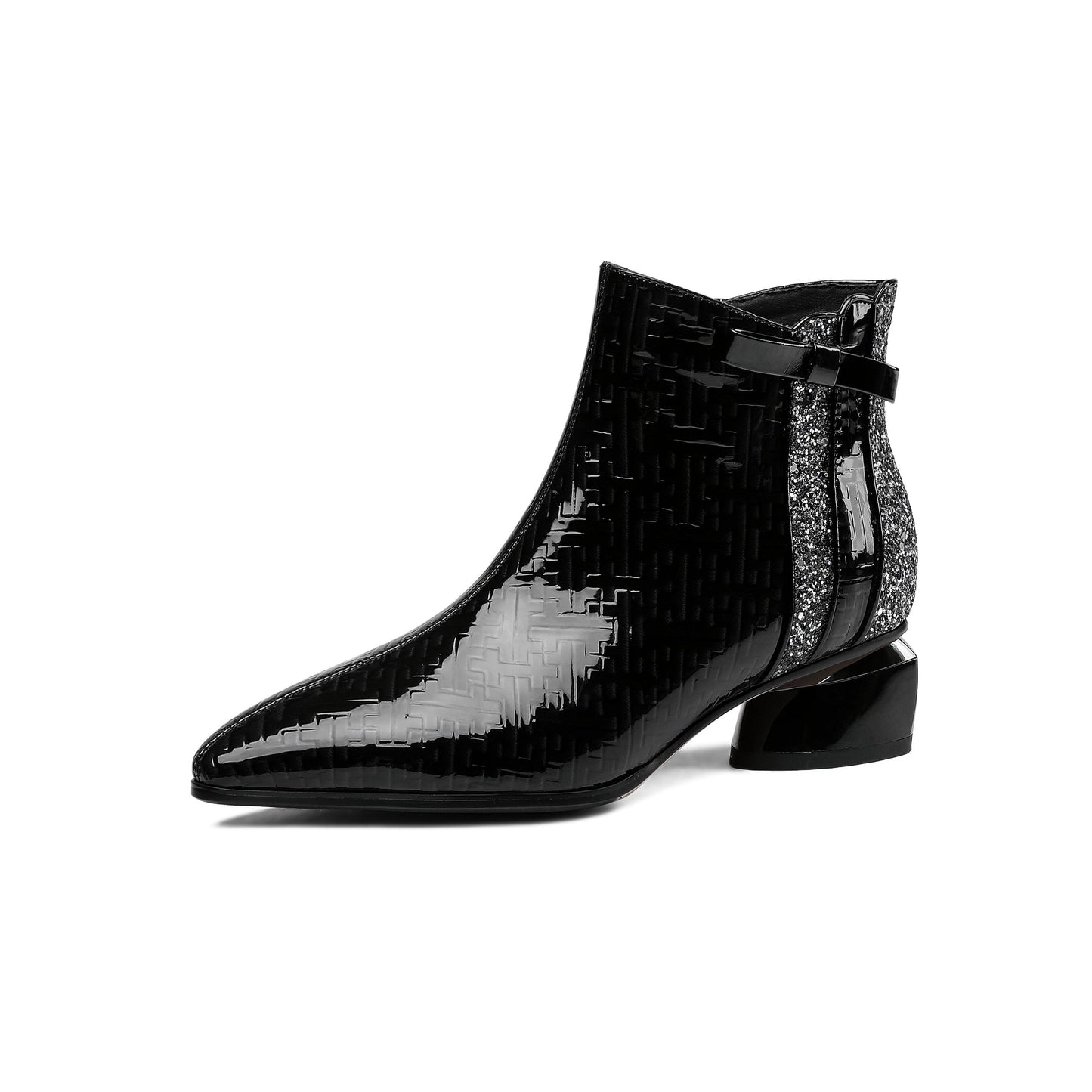 Nine Seven Women's Pointed Toe Patent Leather Handmade Side Zipper Low Chunky Heels Comfort Ankle Boots