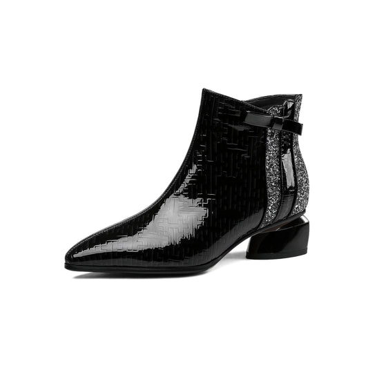 Nine Seven Women's Pointed Toe Patent Leather Handmade Side Zipper Low Chunky Heels Comfort Ankle Boots