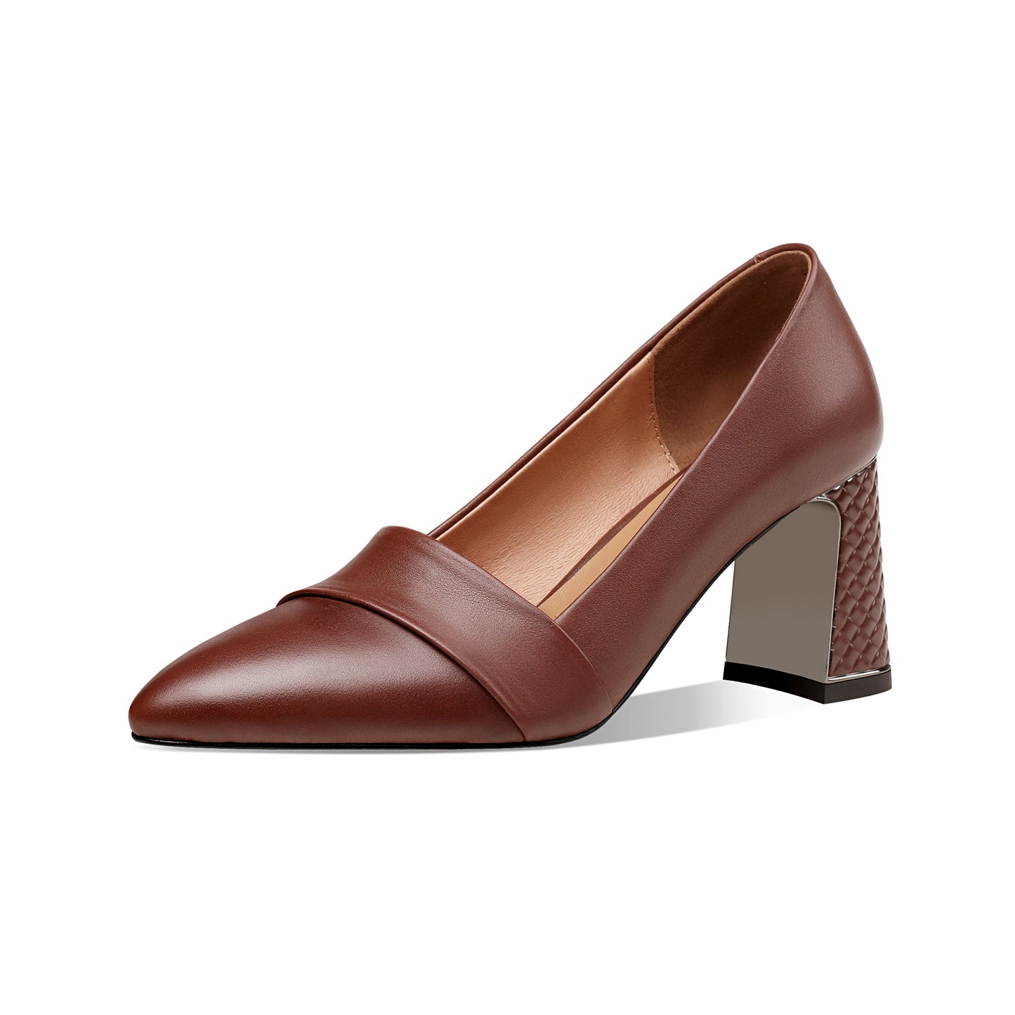 Nine Seven Women's Genuine Leather Pointed Toe Handmade Mid Chunky Heels Slip On Retro Pumps Shoes
