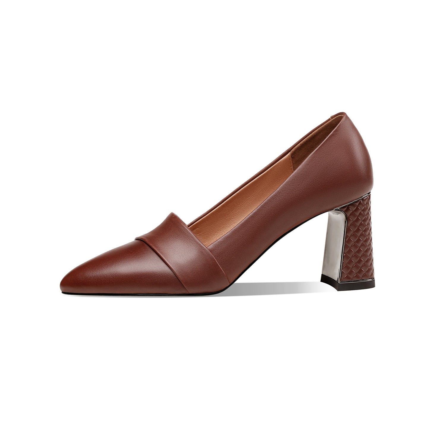 Nine Seven Women's Genuine Leather Pointed Toe Handmade Mid Chunky Heels Slip On Retro Pumps Shoes