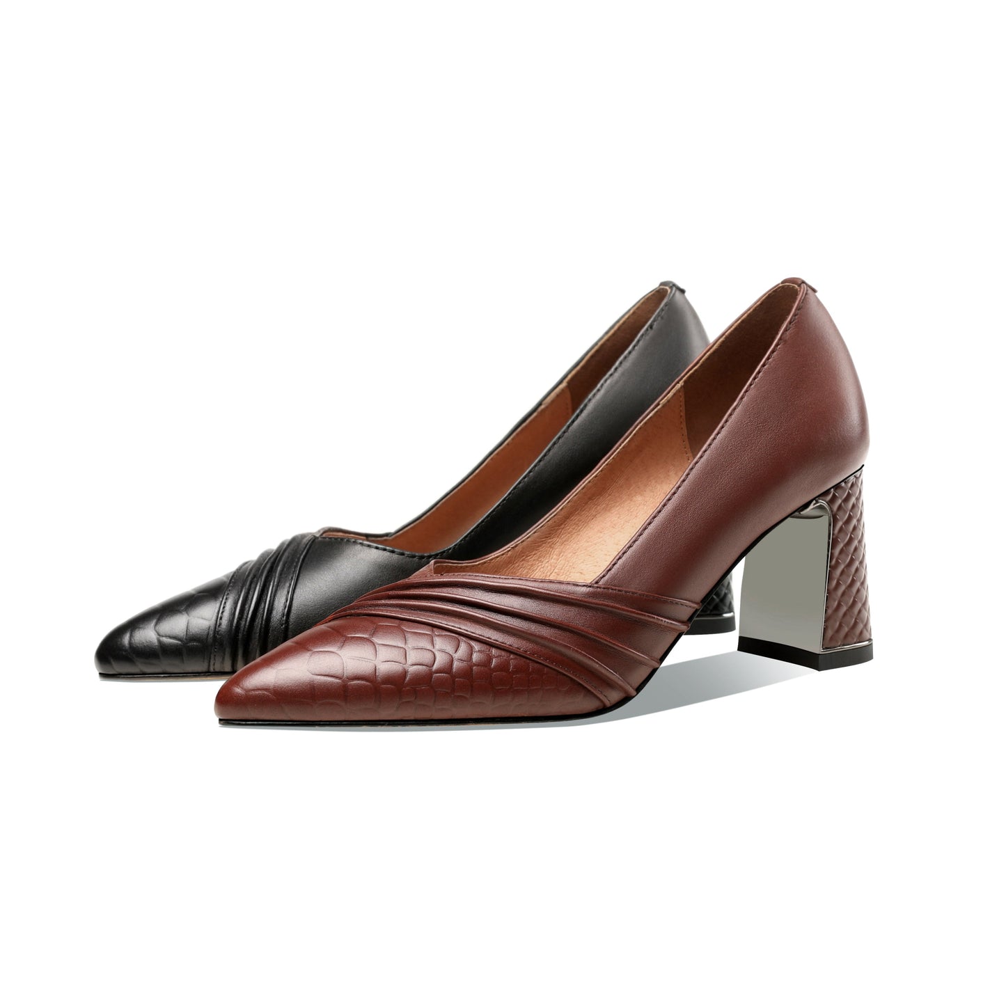 Nine Seven Women's Genuine Leather Hnadmade Wrinkle Design Pointed Toe Mid Chunky Heel Pumps Shoes