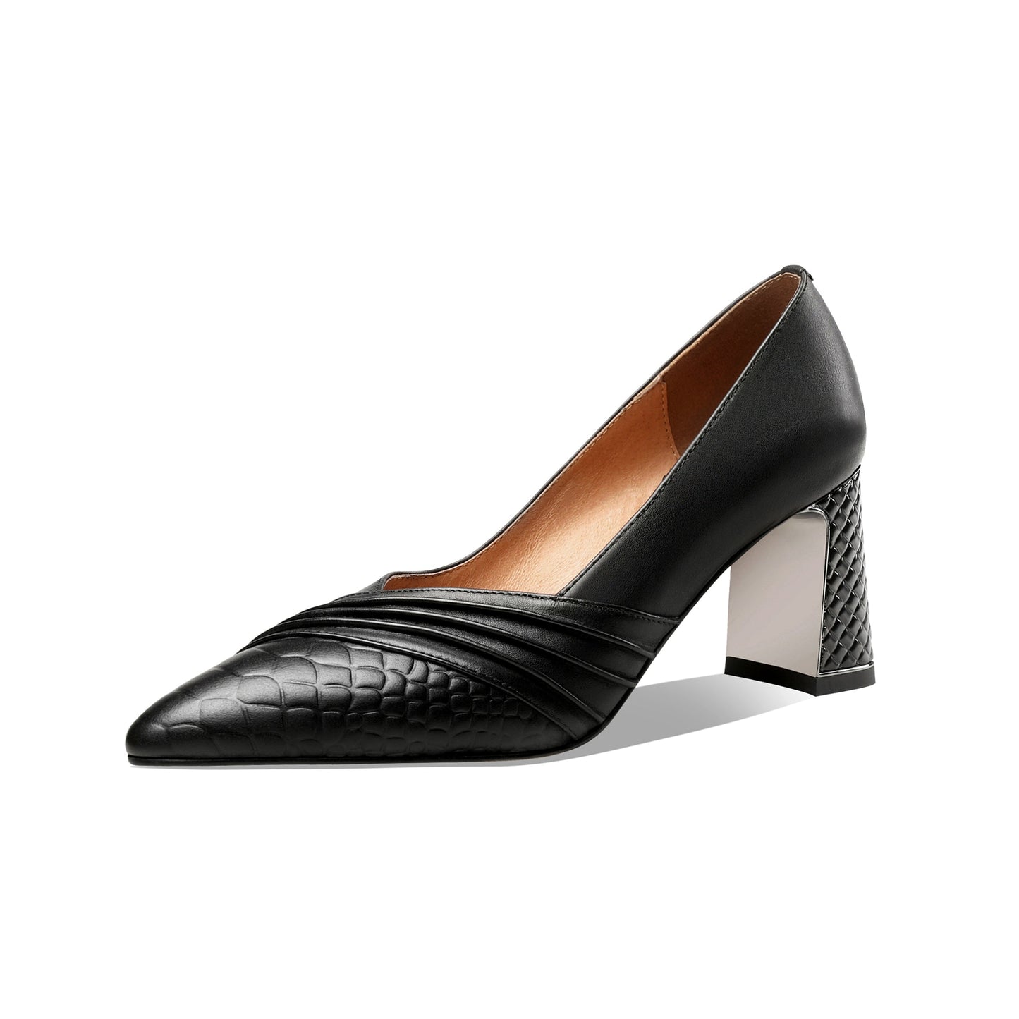 Nine Seven Women's Genuine Leather Hnadmade Wrinkle Design Pointed Toe Mid Chunky Heel Pumps Shoes