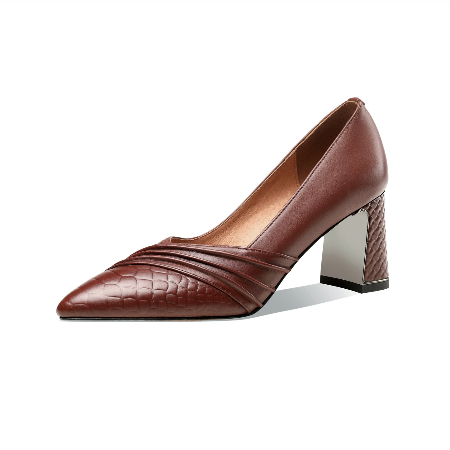 Nine Seven Women's Genuine Leather Hnadmade Wrinkle Design Pointed Toe Mid Chunky Heel Pumps Shoes