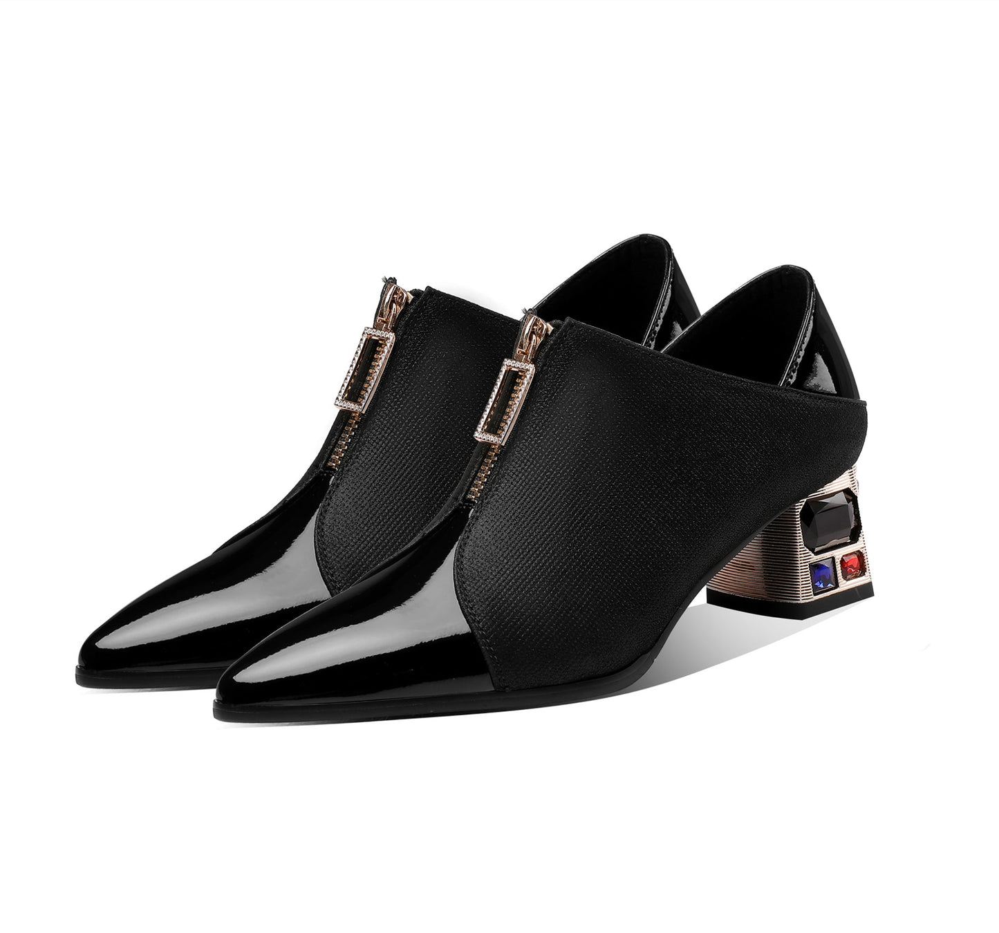 Nine Seven Genuine Leather Pointed Toe Handmade Front Zipper Low Chunky Heels Women's Pumps Shoes