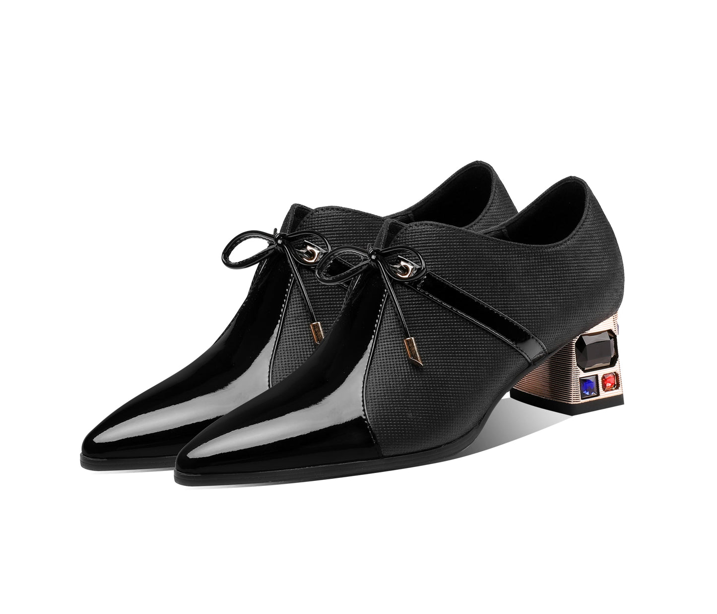 Nine Seven Genuine Leather Lace Up Side Zipper Handmade Pointed Toe Low Chunky Heels Women's Casual Pumps