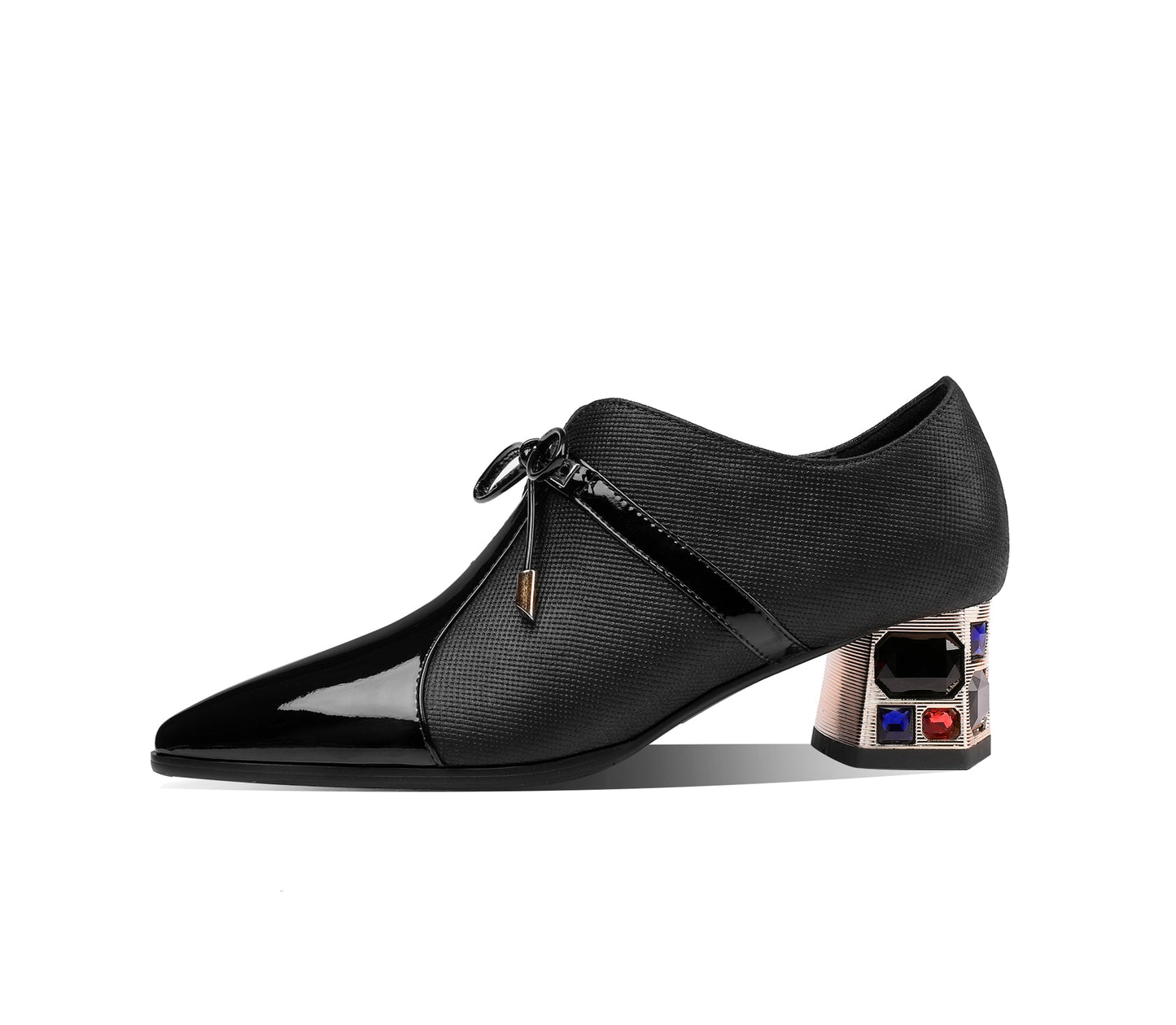 Nine Seven Genuine Leather Lace Up Side Zipper Handmade Pointed Toe Low Chunky Heels Women's Casual Pumps