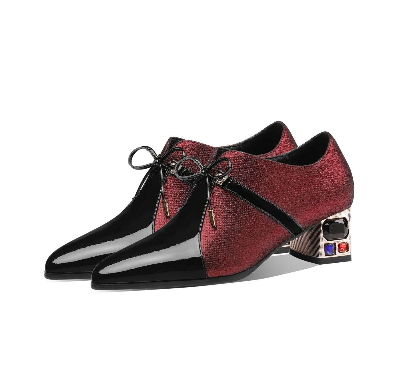 Nine Seven Genuine Leather Lace Up Side Zipper Handmade Pointed Toe Low Chunky Heels Women's Casual Pumps