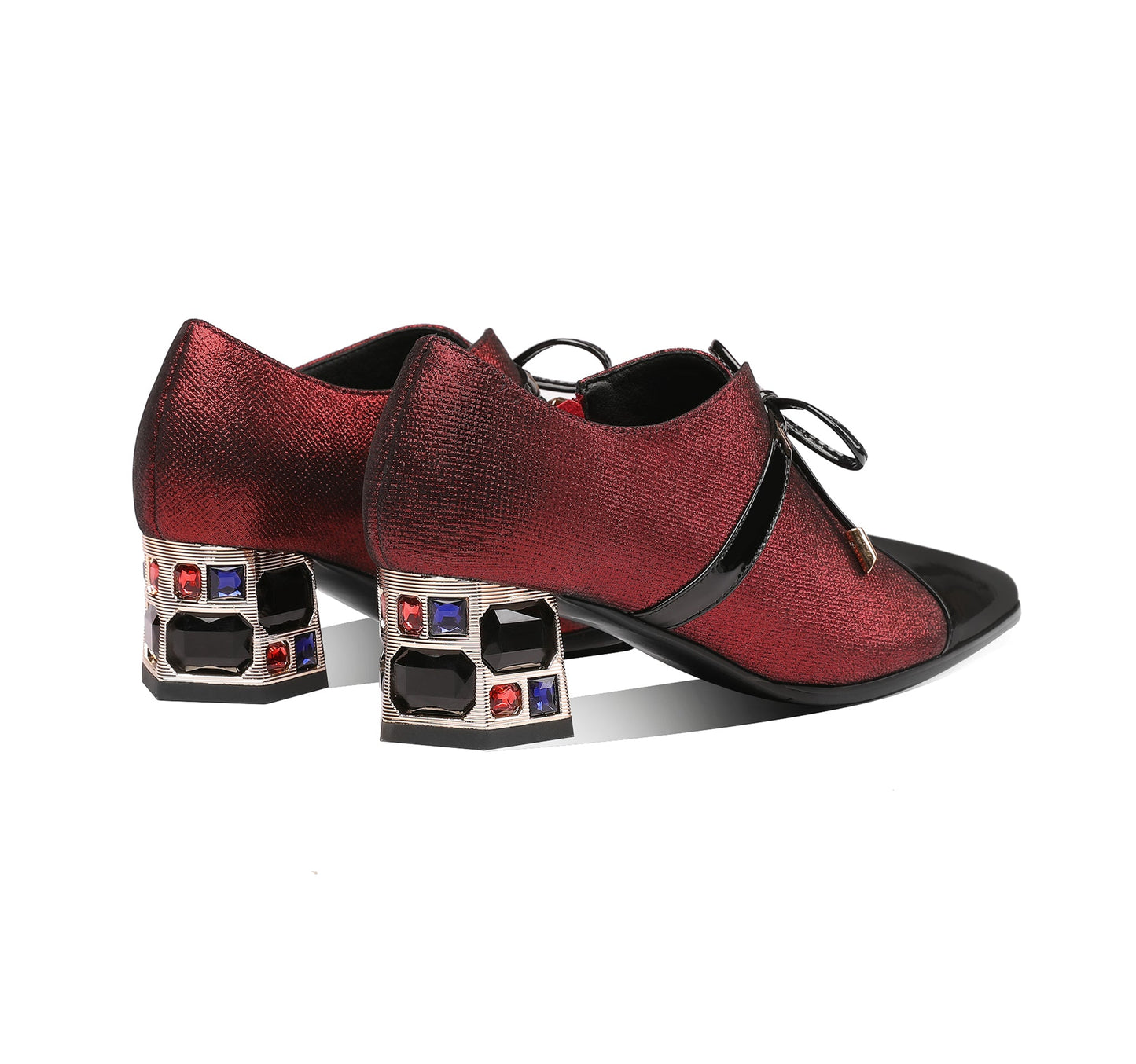 Nine Seven Genuine Leather Lace Up Side Zipper Handmade Pointed Toe Low Chunky Heels Women's Casual Pumps