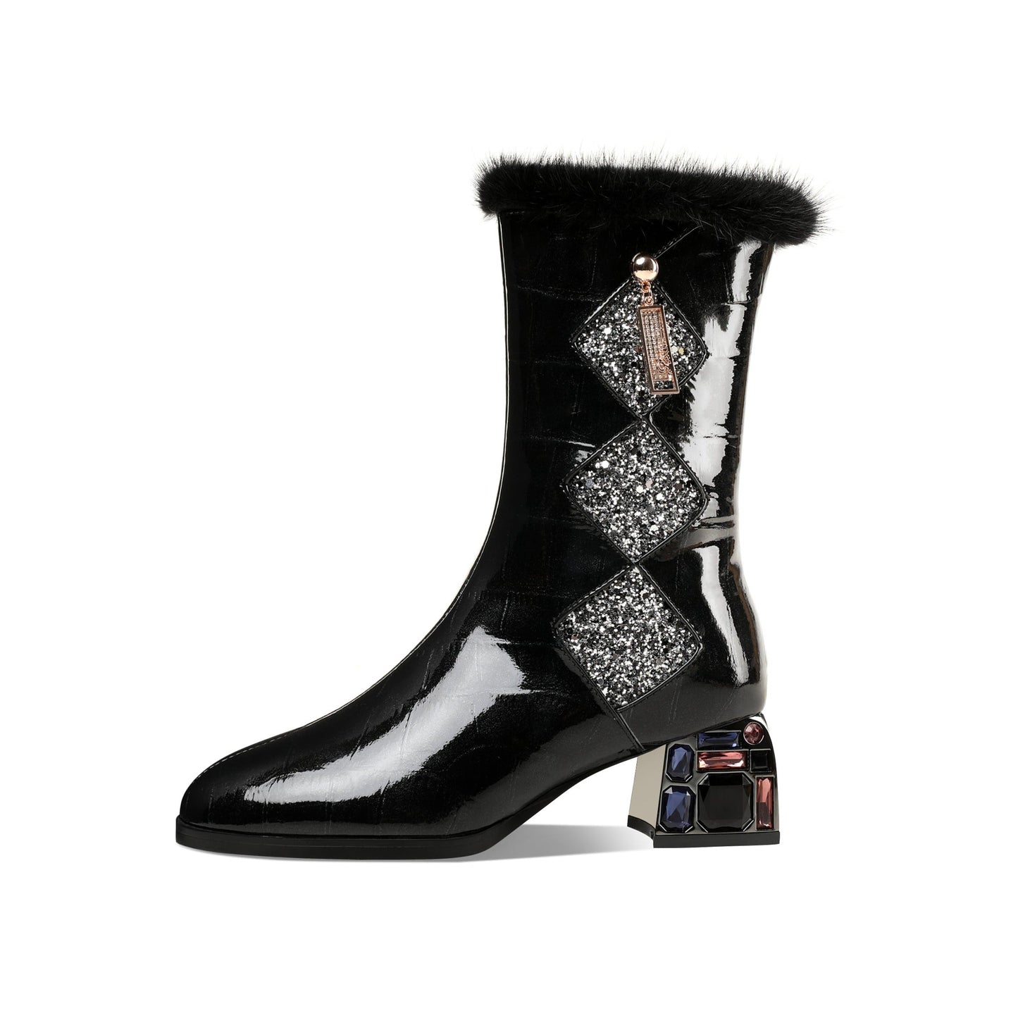Nine Seven Women's Patent Leather Round Toe Handmade Chunky Heel with Jewelry Stylish Zip Up Mid-Calf Boots