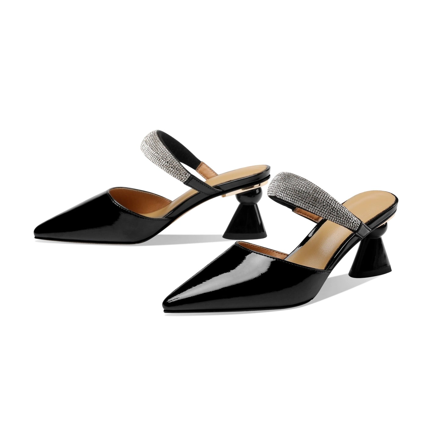 Nine Seven Women's Glossy Patent Leather Handmade Closed Toe Cone Heel Mule Sandals with Sparkling Glitter