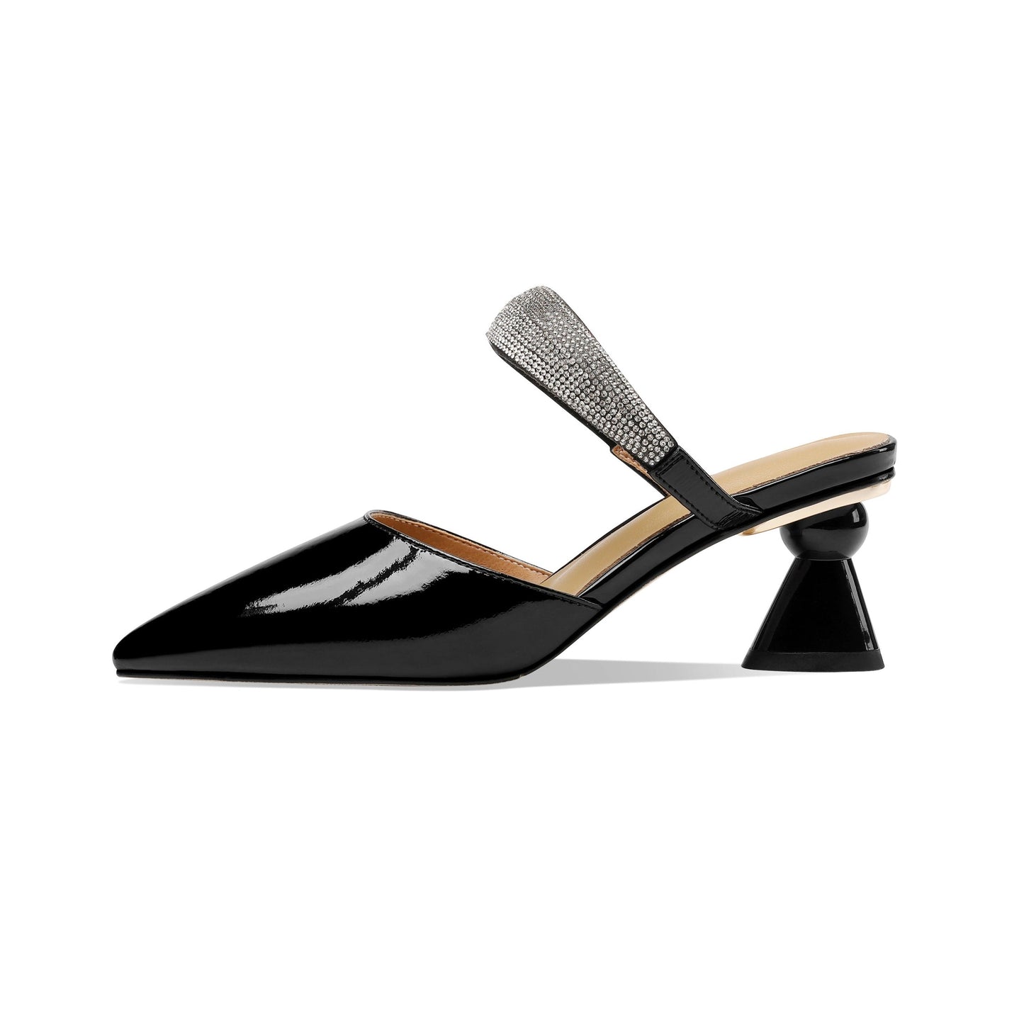 Nine Seven Women's Glossy Patent Leather Handmade Closed Toe Cone Heel Mule Sandals with Sparkling Glitter