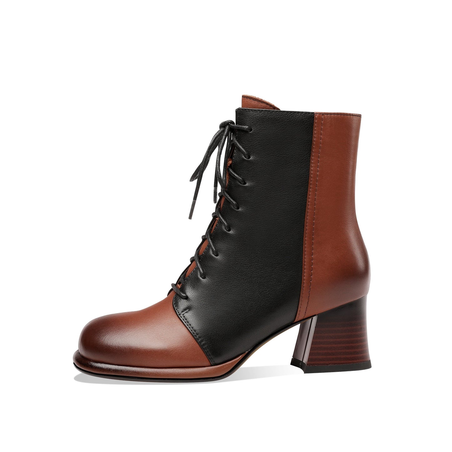 Nine Seven Women's Genuine Leather Assort Colors Round Toe Handmade Laces Side Zipper Retro Booties with Chunky Heels