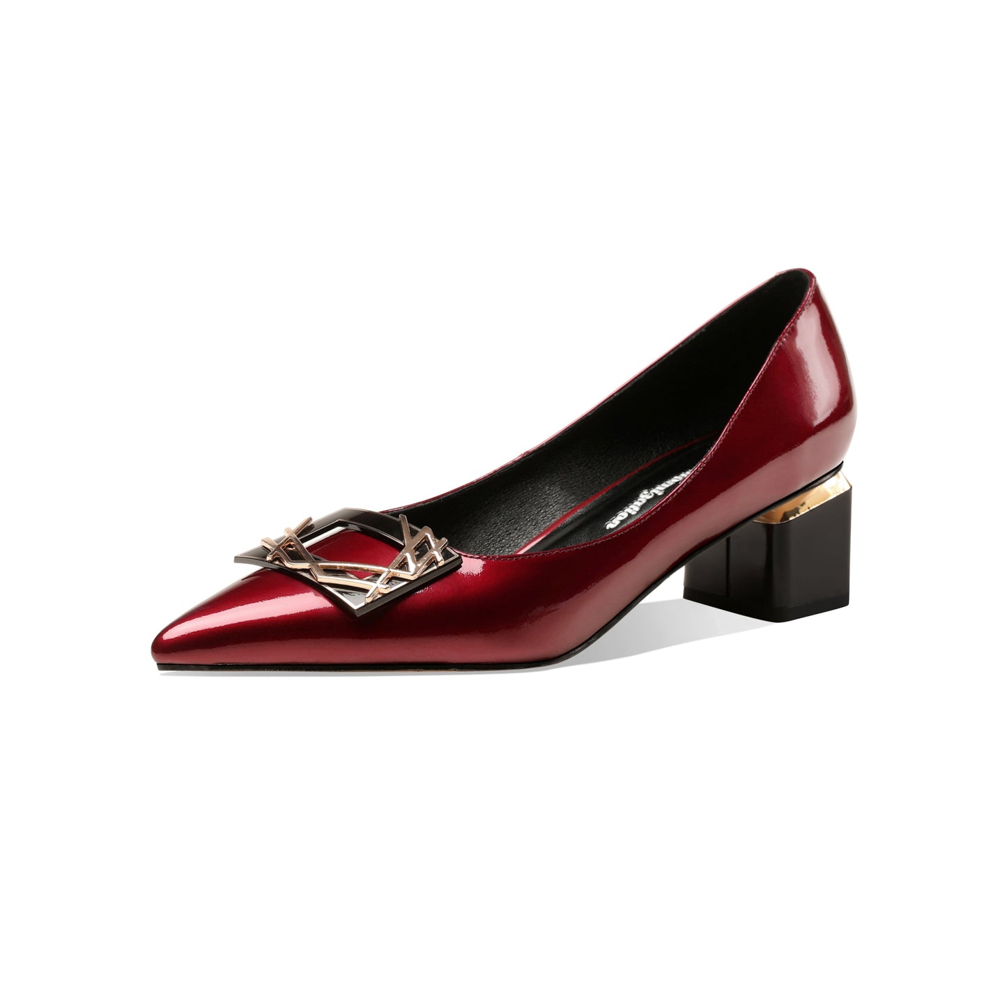 Nine Seven Women's Glossy Patent Leather Handmade Clear Pointed Toe Low Block Heel Slip On Pump Shoes with Trendy Square Pattern