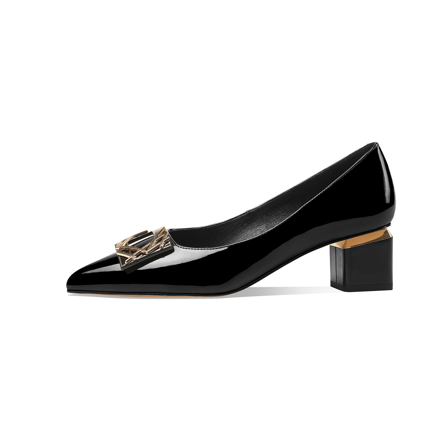Nine Seven Women's Glossy Patent Leather Handmade Clear Pointed Toe Low Block Heel Slip On Pump Shoes with Trendy Square Pattern