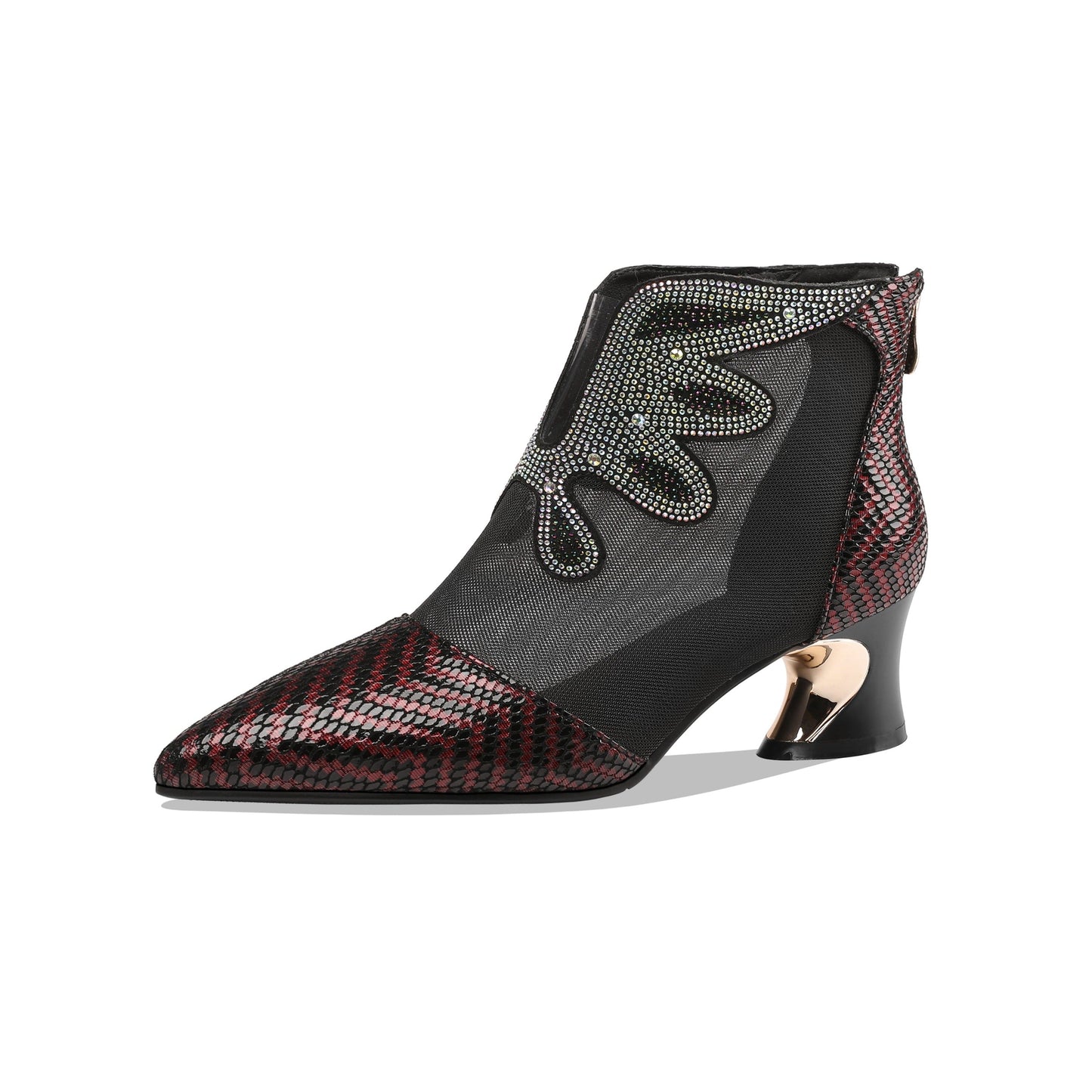 Nine Seven Women's Handmade Genuine Leather and Mesh Back Zip Up Glitter Decor Chuncky Heel Summer Boots