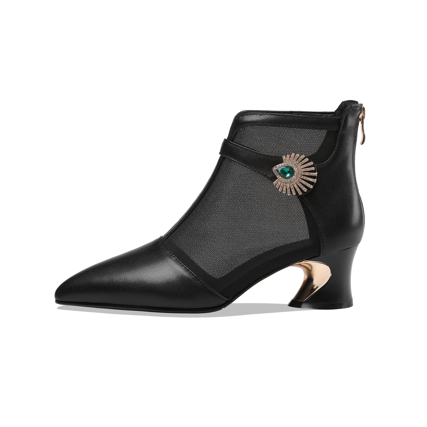 Nine Seven Women's Genuine Leather and Mesh Handmade Spool Heel Zip Up Crystal Decor Stylish Ankle Boots