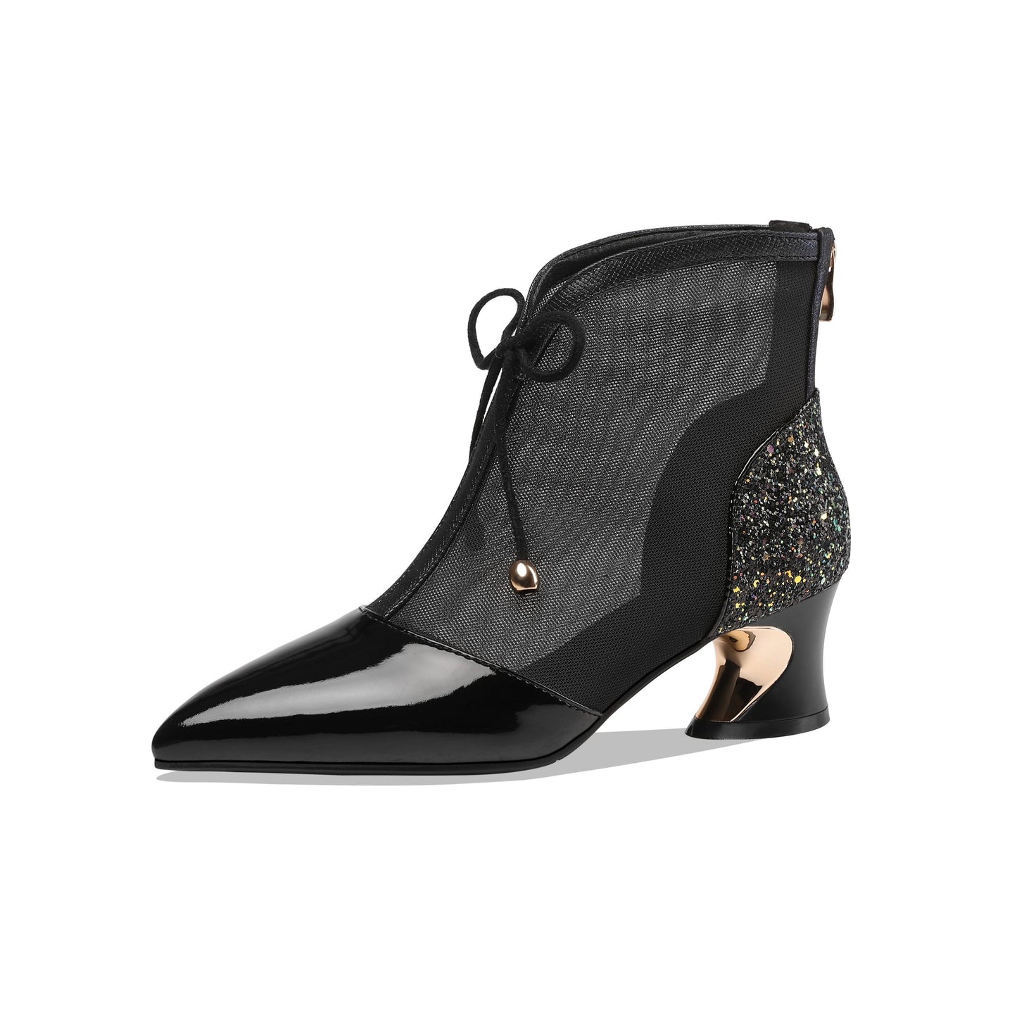 Nine Seven Women's Handmade Glossy Patent Leather and Mesh Spool Heel Back Zip Pointy Toe Summer Ankle Boots with Bowtie