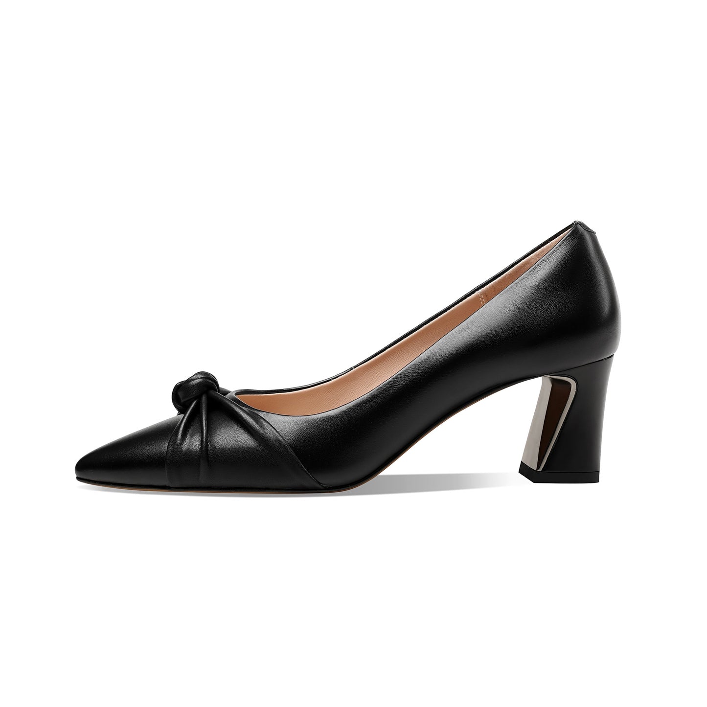Nine Seven Women's Genuine Leather Pointed Toe Handmade Knot Décor Mid Chunky Heels Elegant Pumps Shoes